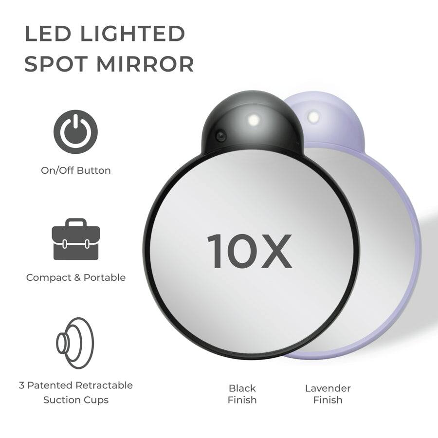 LED LIGHTED SPOT MIRROR

- On/Off Button
- Compact & Portable
- 3 Patented Retractable Suction Cups

10X

Black Finish
Lavender Finish