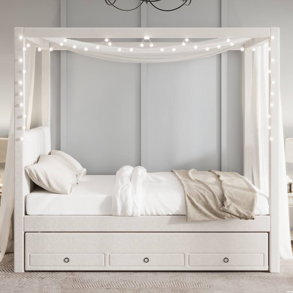 Back. Loheer - Loheer Full Size Canopy Bed Upholstered Platform Bed with Trundle and 3 Storage Drawers Beige Pine Wood Bed Frame - Beige.