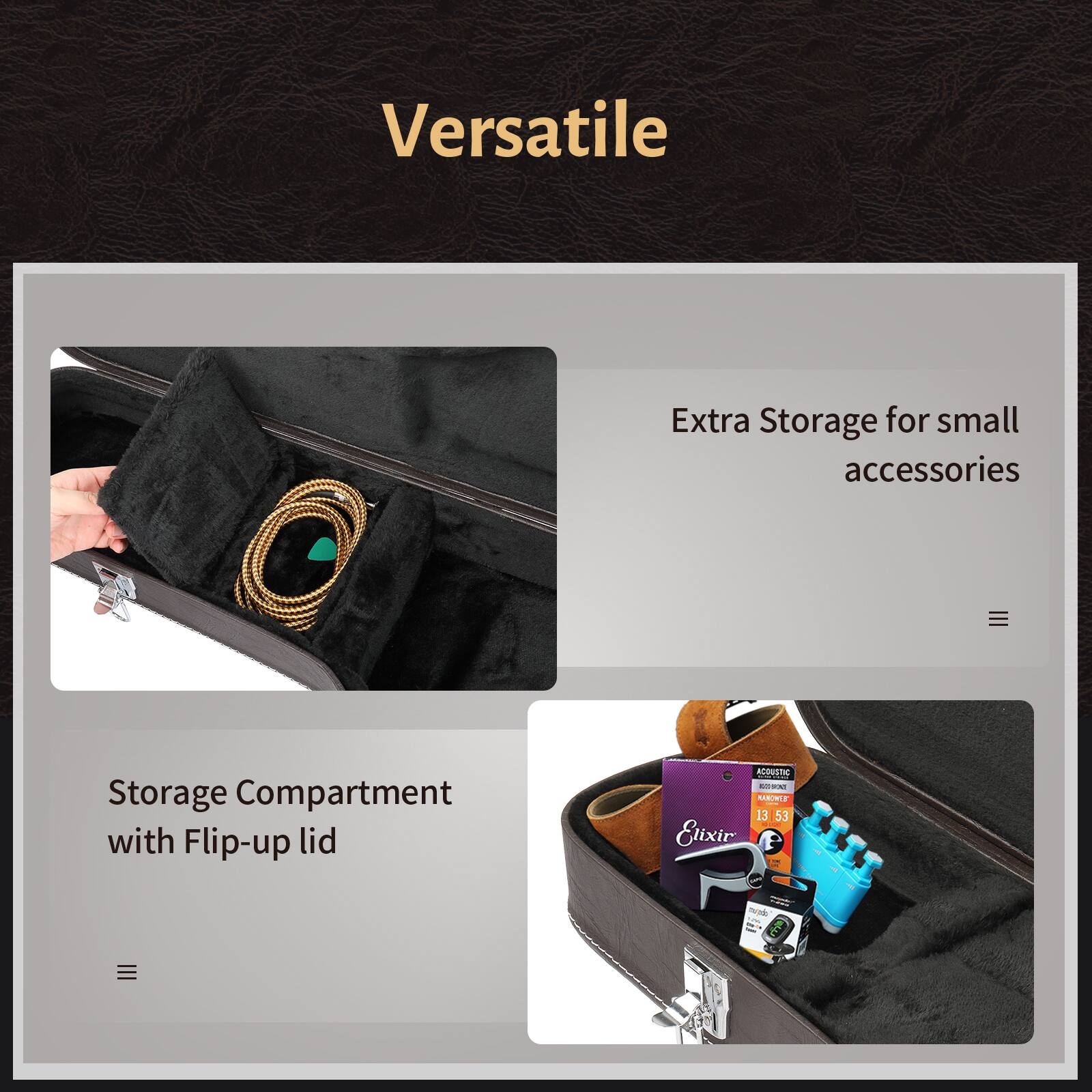 Versatile  
Extra Storage for small accessories  
Storage Compartment with Flip-up lid  

ACOUSTIC NOMAD 13 53  
Elixir