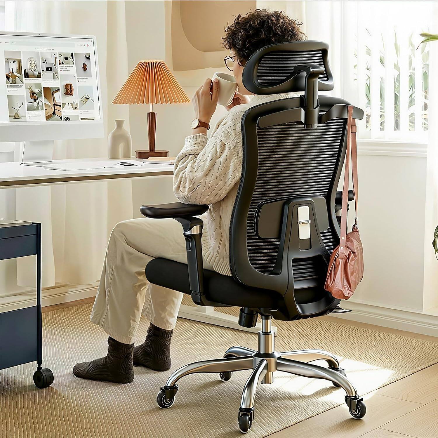 Front. HUANUO - Ergonomic Office Chair, Mesh High Back Desk Chair with 6D Armrests, Adjustable Lumbar Support, 3D Headrest - Black.