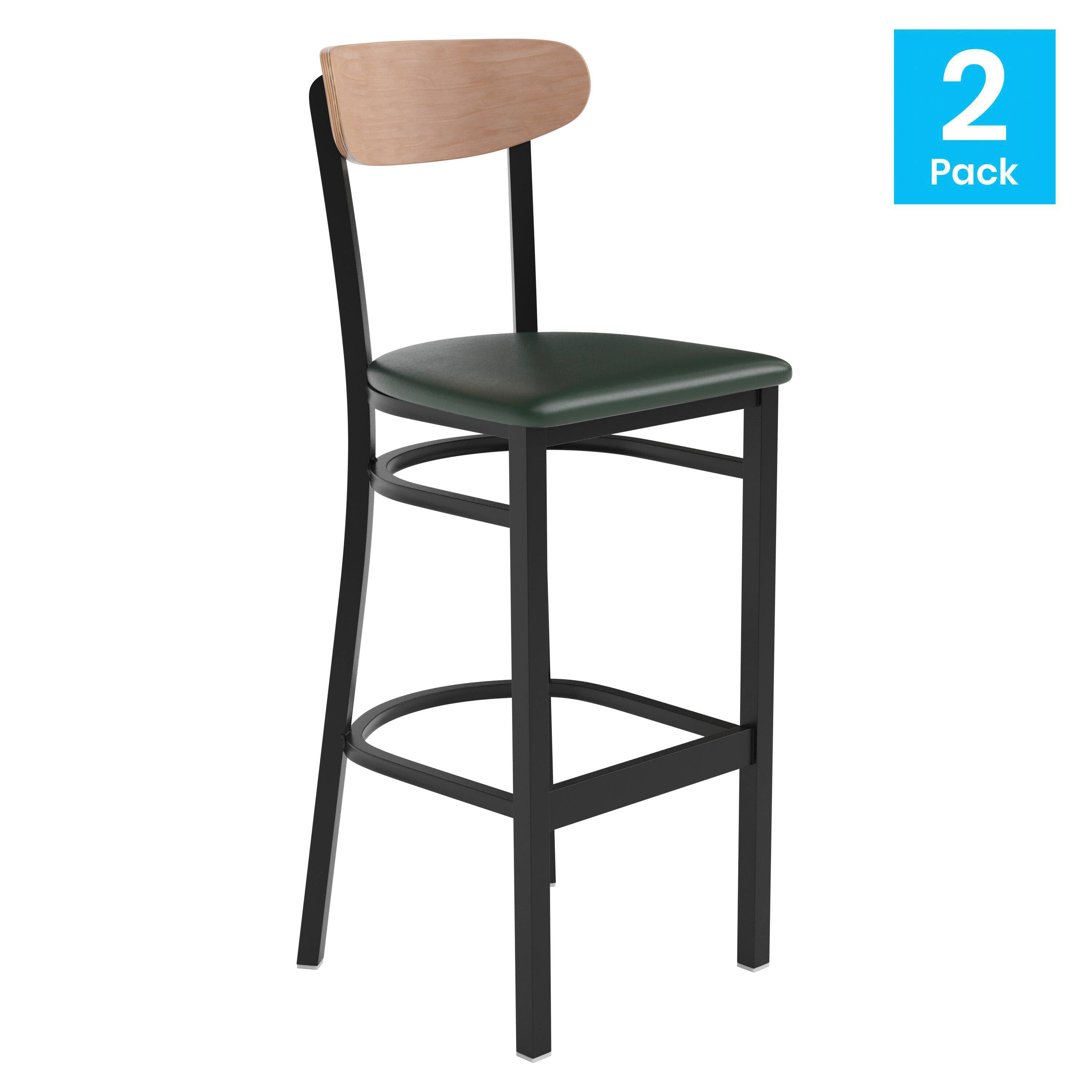 Alt View 1. Emma + Oliver - Yara Industrial Barstool with Rolled Steel Frame and Solid Wood Seat - 500 lbs. Static Weight Capacity - Natural Birch Wood Back/Green Vinyl Seat.
