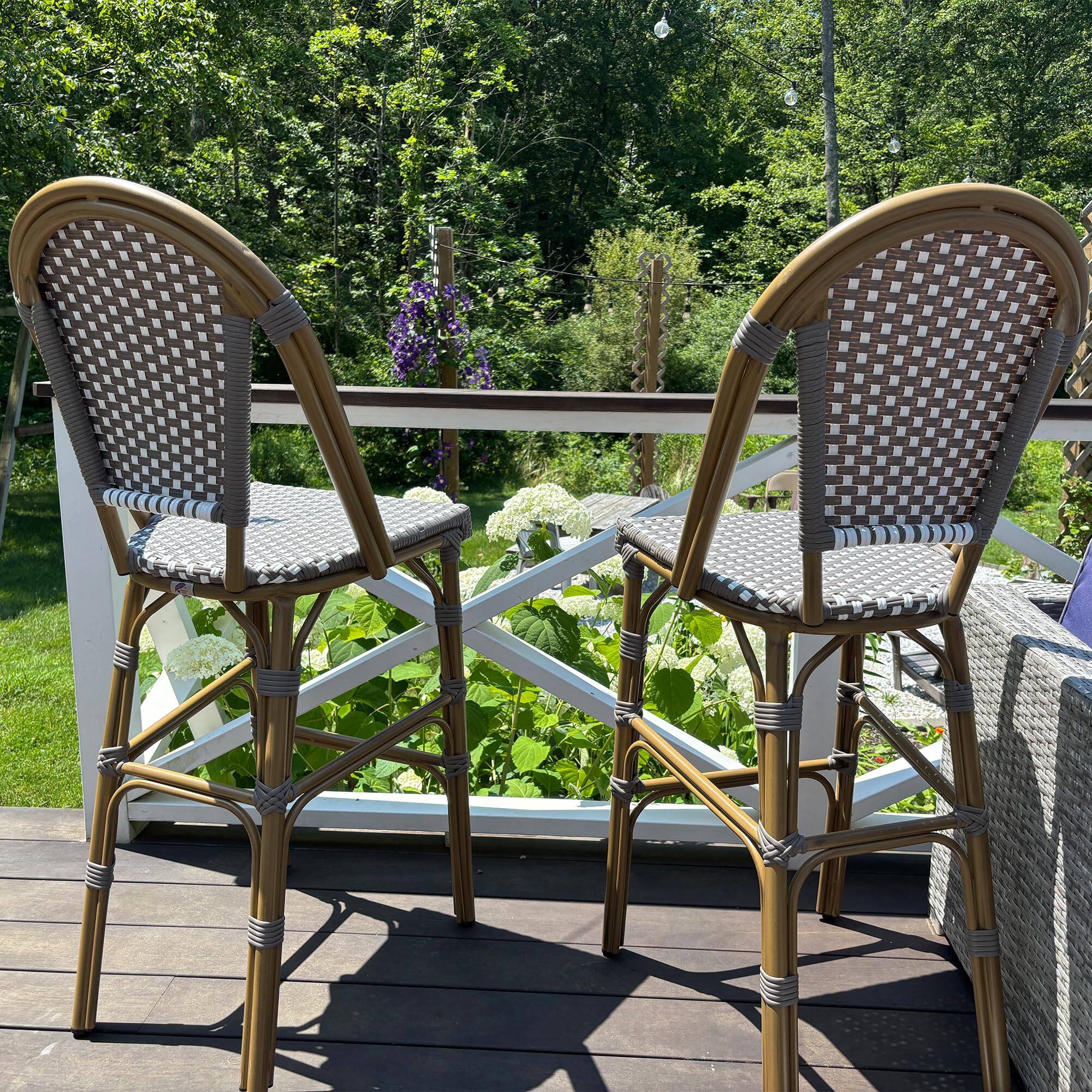 Alt View 1. PURPLE LEAF - French Bar Height Bar Stool Set of 2 Patio Bar Chairs with Back Rattan Bar Chairs French Bistro Set - Bamboo Pattern/Grey-Bar Stool.