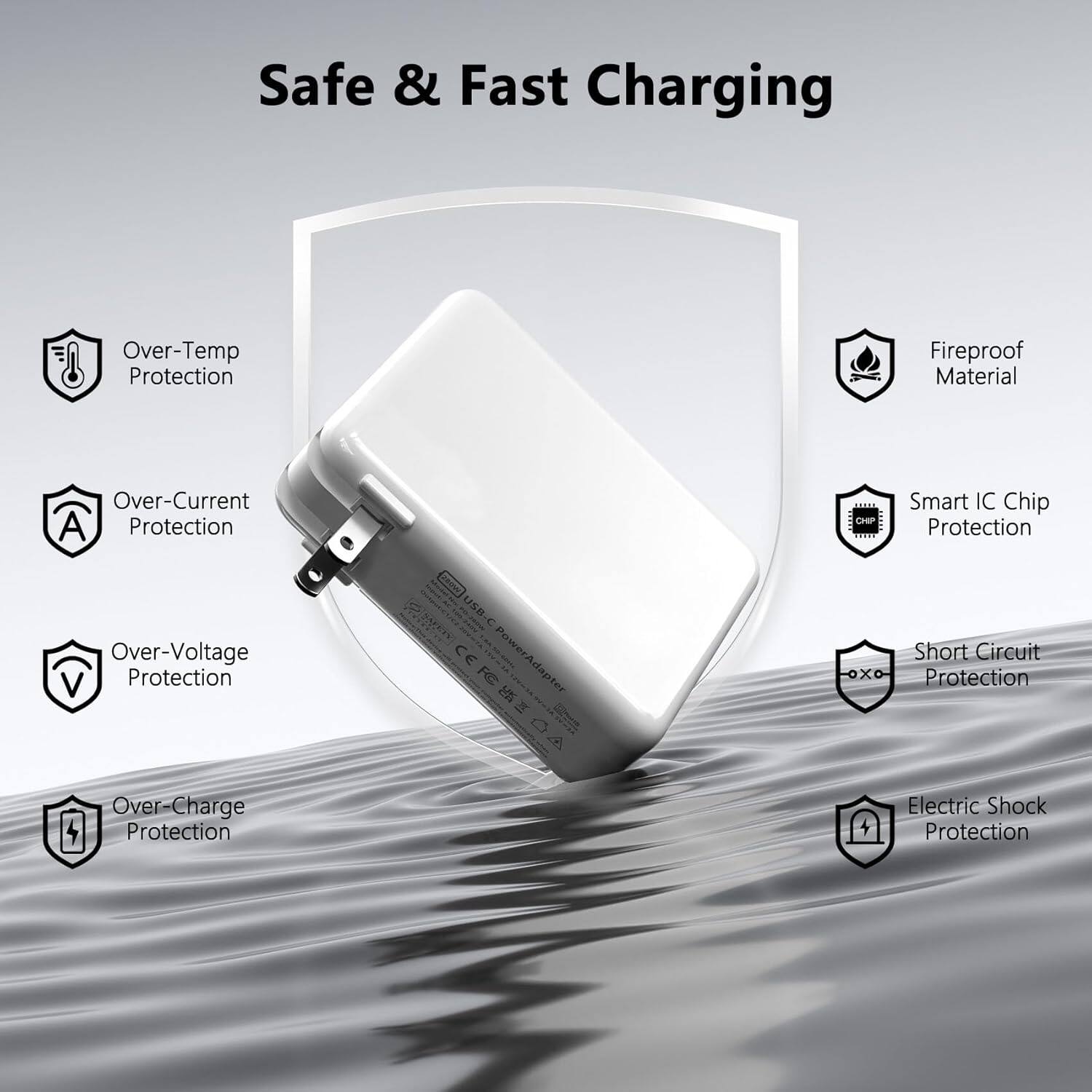 Safe & Fast Charging

- Over-Temp Protection
- Over-Current Protection
- Over-Voltage Protection
- Over-Charge Protection
- Fireproof Material
- Smart IC Chip Protection
- Short Circuit Protection
- Electric Shock Protection