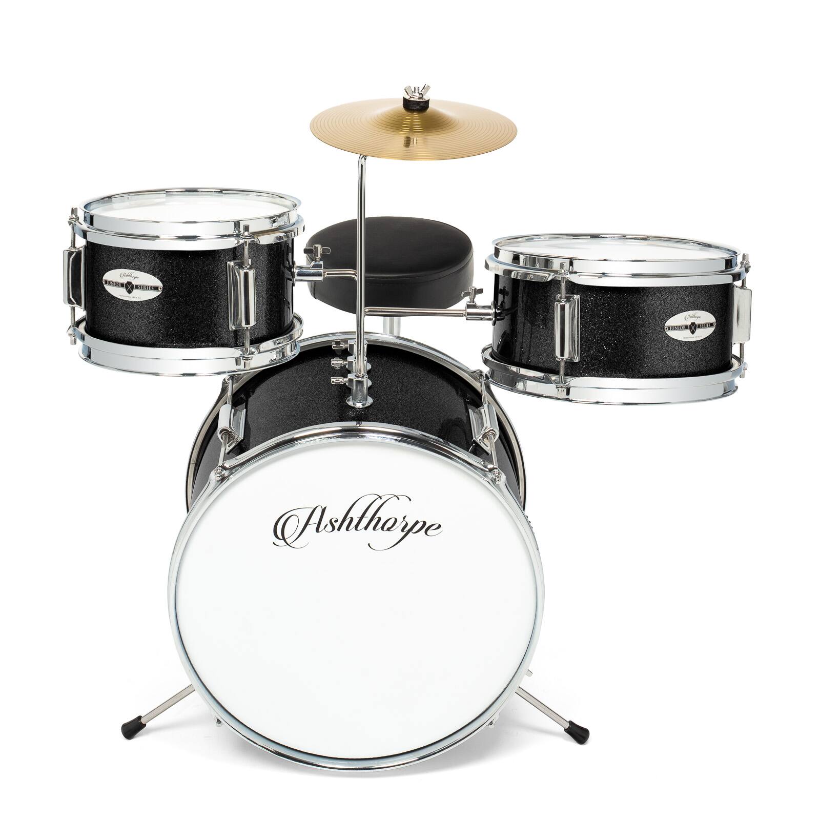 Alt View 1. Ashthorpe - Beginner Drum Kit with Brass Cymbals (Set of 3) - Black.