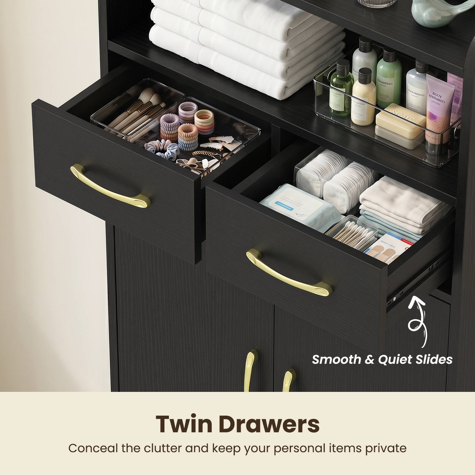 Pel . -.. BUSTV WARKS - SC2I

Smooth & Quiet Slides

Twin Drawers

Conceal the clutter and keep your personal items private