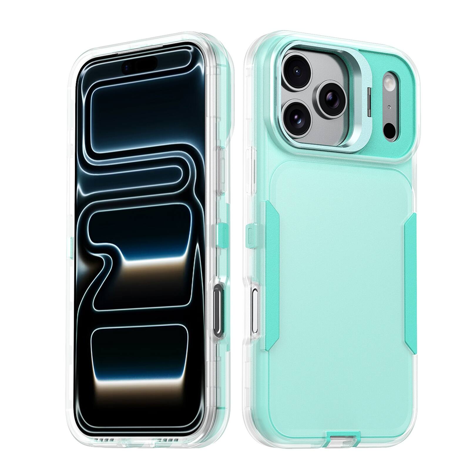 Angle. Dteck - For Apple iPhone 17 Pro Max Rugged Case, Heavy Duty Dual Layer Shockproof Lens Kickstand Drop Protection Cover - Cyan.