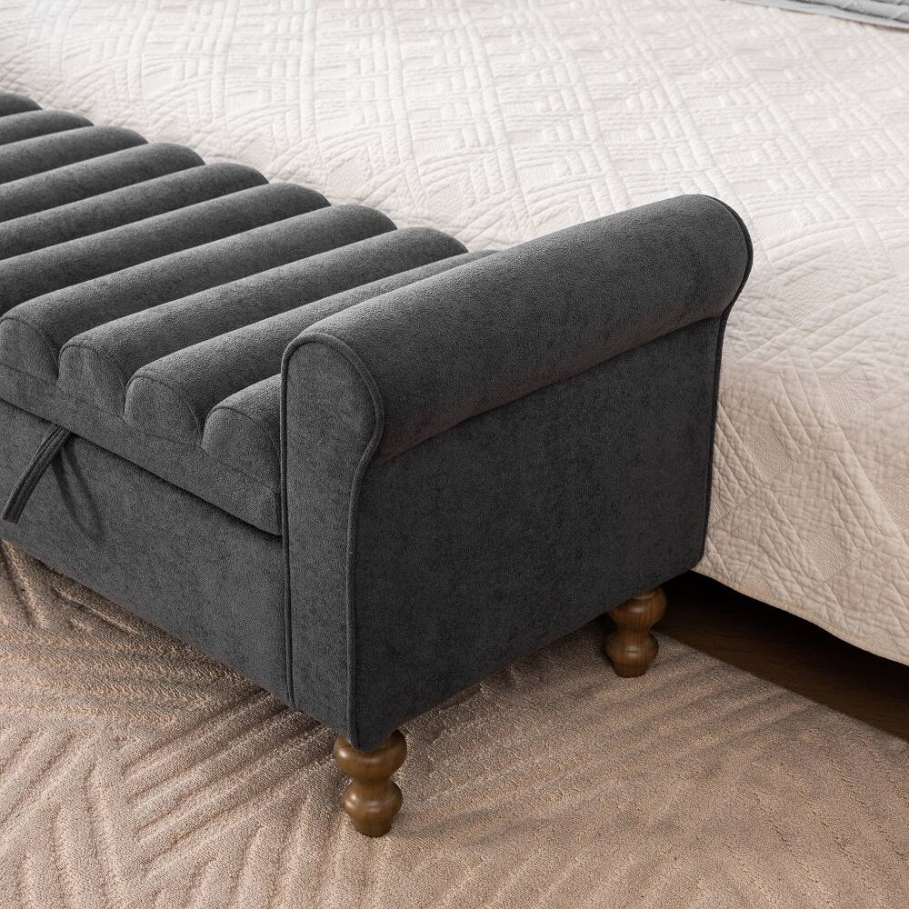 Alt View 2. Ropilly - Ropilly Modern Upholstered Storage Bench Charcoal Napped Fabric Bed End Foot Stool With Rolled Armrest - Charcoal.