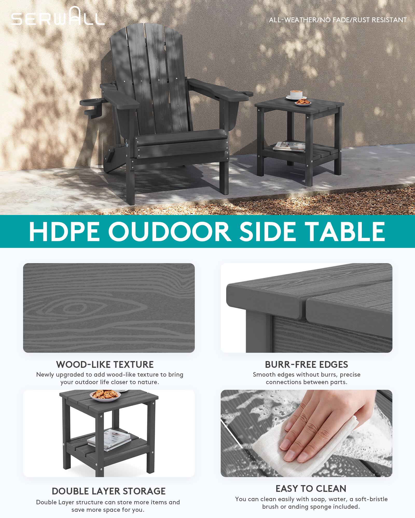 SERWALL HDPE Double Layer Outdoor Side Table, All Weather Adirondack ...