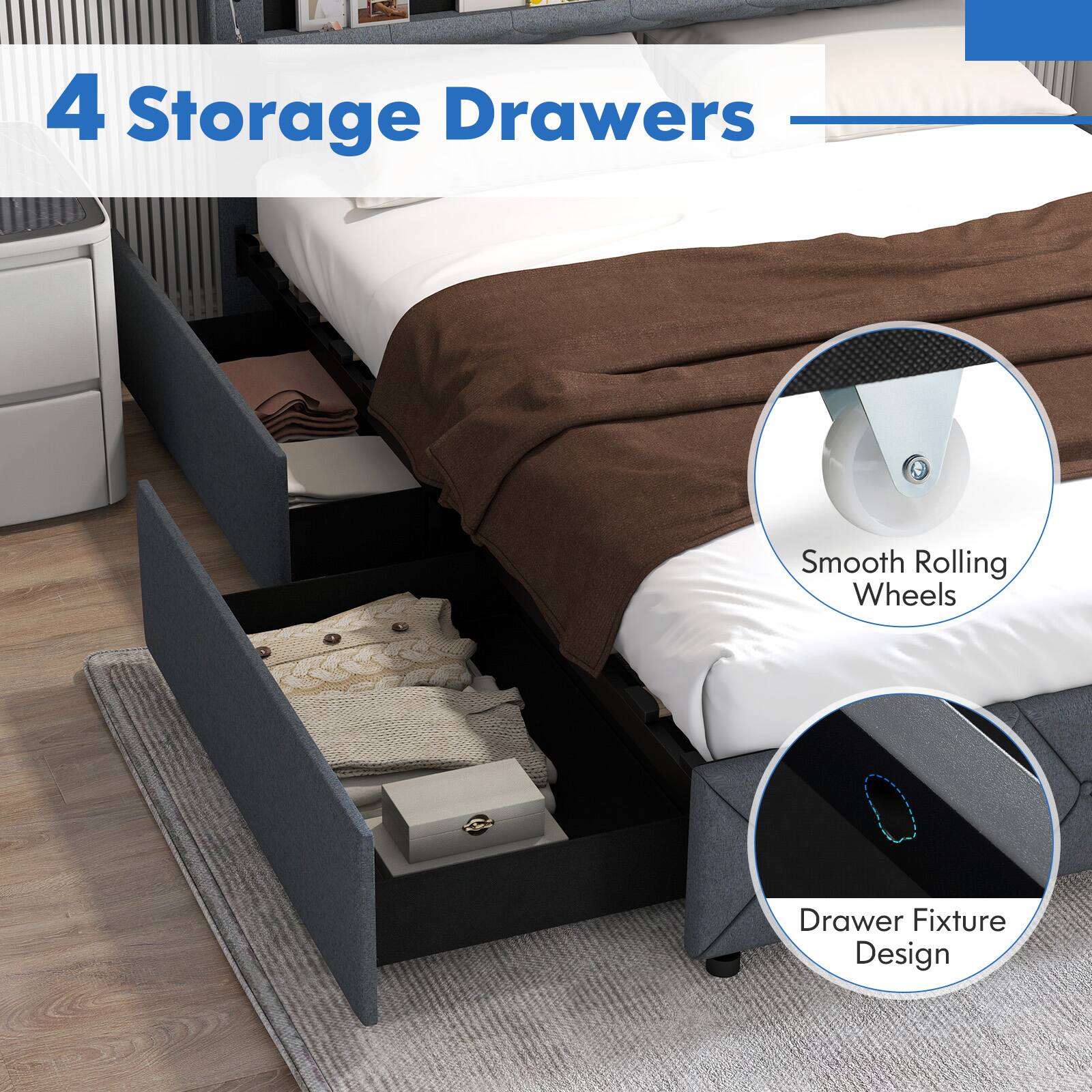 4 Storage Drawers  
Smooth Rolling Wheels  
Drawer Fixture Design