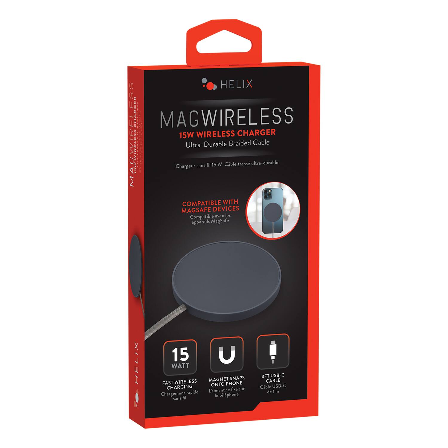 HELIX S54 EHAREI MAGWIRELESS 15W WIRELESS CHARGER Ultra-Durable Braided Cable AGWIREL | : Chargeur sans fil 15 W Câble tressé ultra-durable M COMPATIBLE WITH MAGSAFE DEVICES Compatible avec les appareils MagSafe HELIX 15 WATT MAGNET SNAPS FAST WIRELESS PHONE CHARGING ONTO L'aimant 18 fae Sar Chargement rapide le téléphone canS N 3FT USB-C CABLE Cable USB-C de 1 m