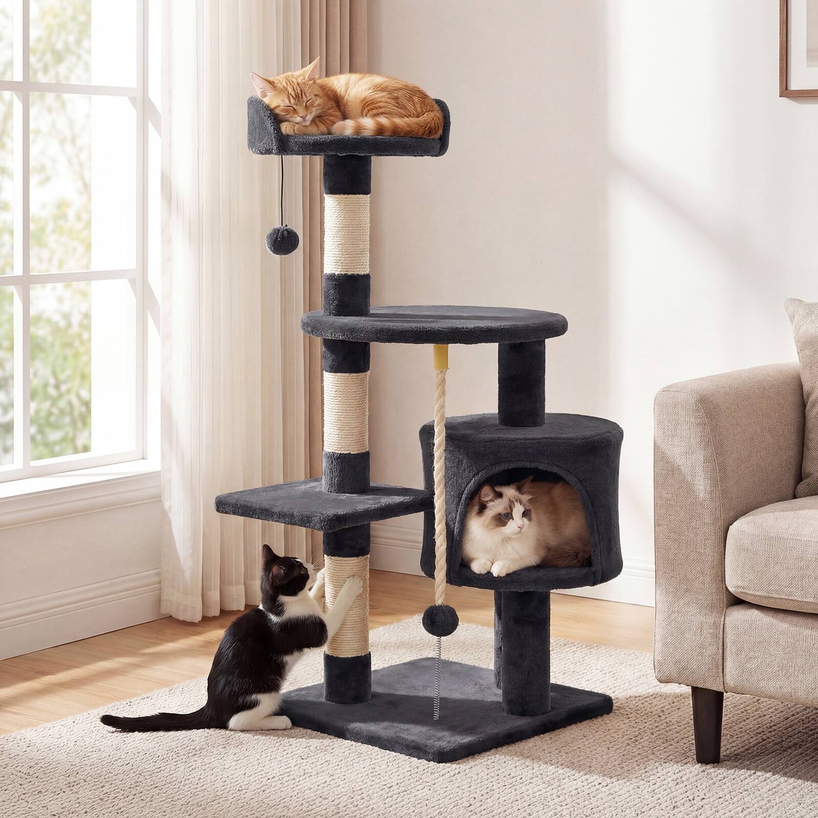 Alt View 1. Gymax - Gymax Cat Tree 36'' Cat Tower w/CondoTop Perch Sisal Scratching Posts & Hanging Rope Dark Gray.