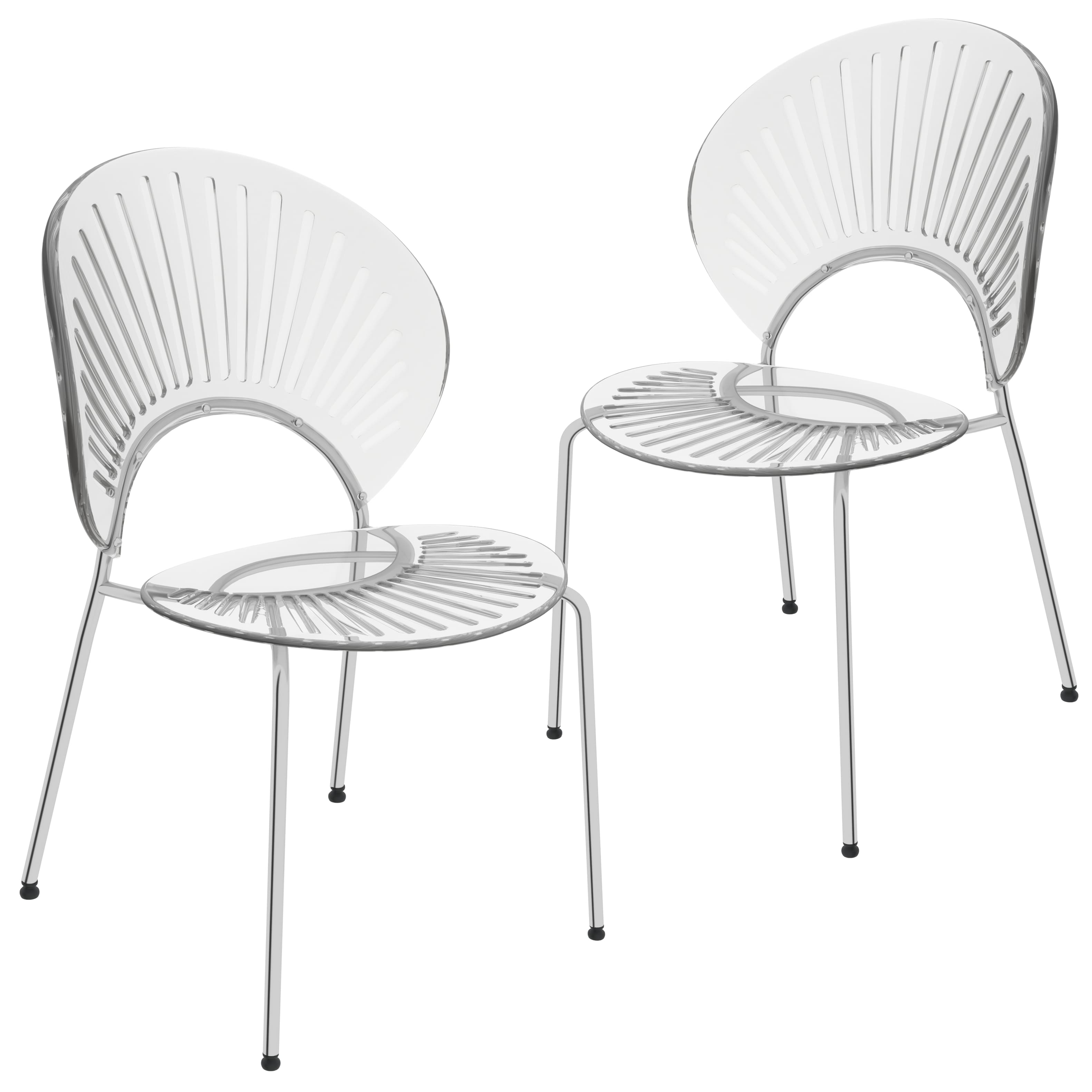LeisureMod - Opulent 2-PCS Modern Plastic Dining Chair, Stackable Shell Accent Chair with Chrome Base & Protective Floor Glides - Clear