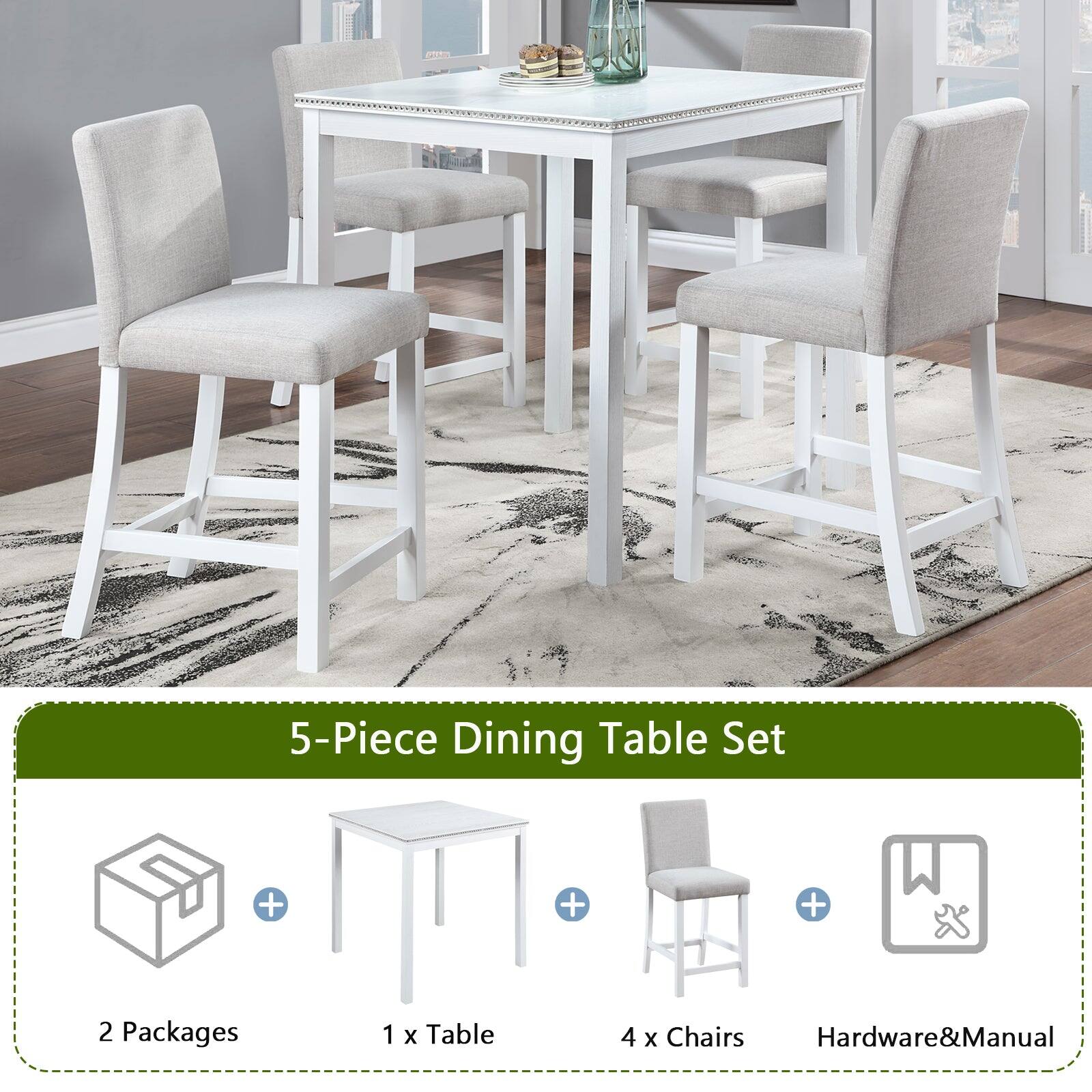 5-Piece Dining Table Set

2 Packages
1 x Table
4 x Chairs
Hardware & Manual