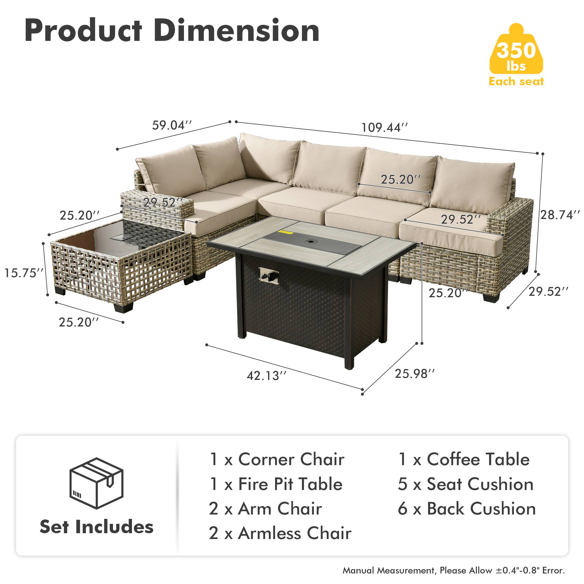Alt View 1. Ovios - 7 PCS Patio Sectional Furniture with 42" Fire Pit Table Rattan Wicker Coversation Couch Set - Beige.