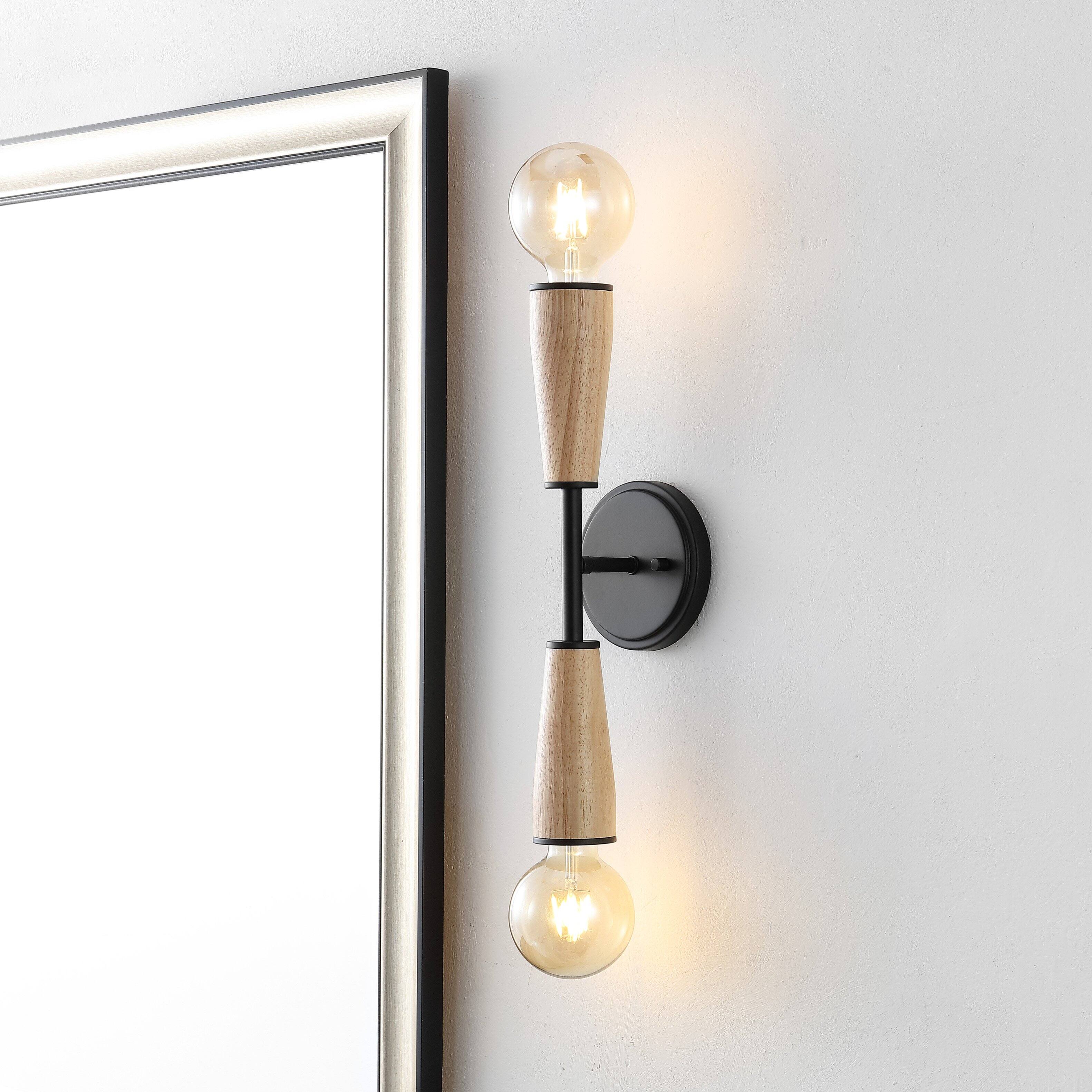 Alt View 1. Jonathan Y - Katia 5.13" 2-Light Modern Designer Iron/Wood Double Sided Hourglass LED Sconce, Light Brown/Black - Light Brown/Black.