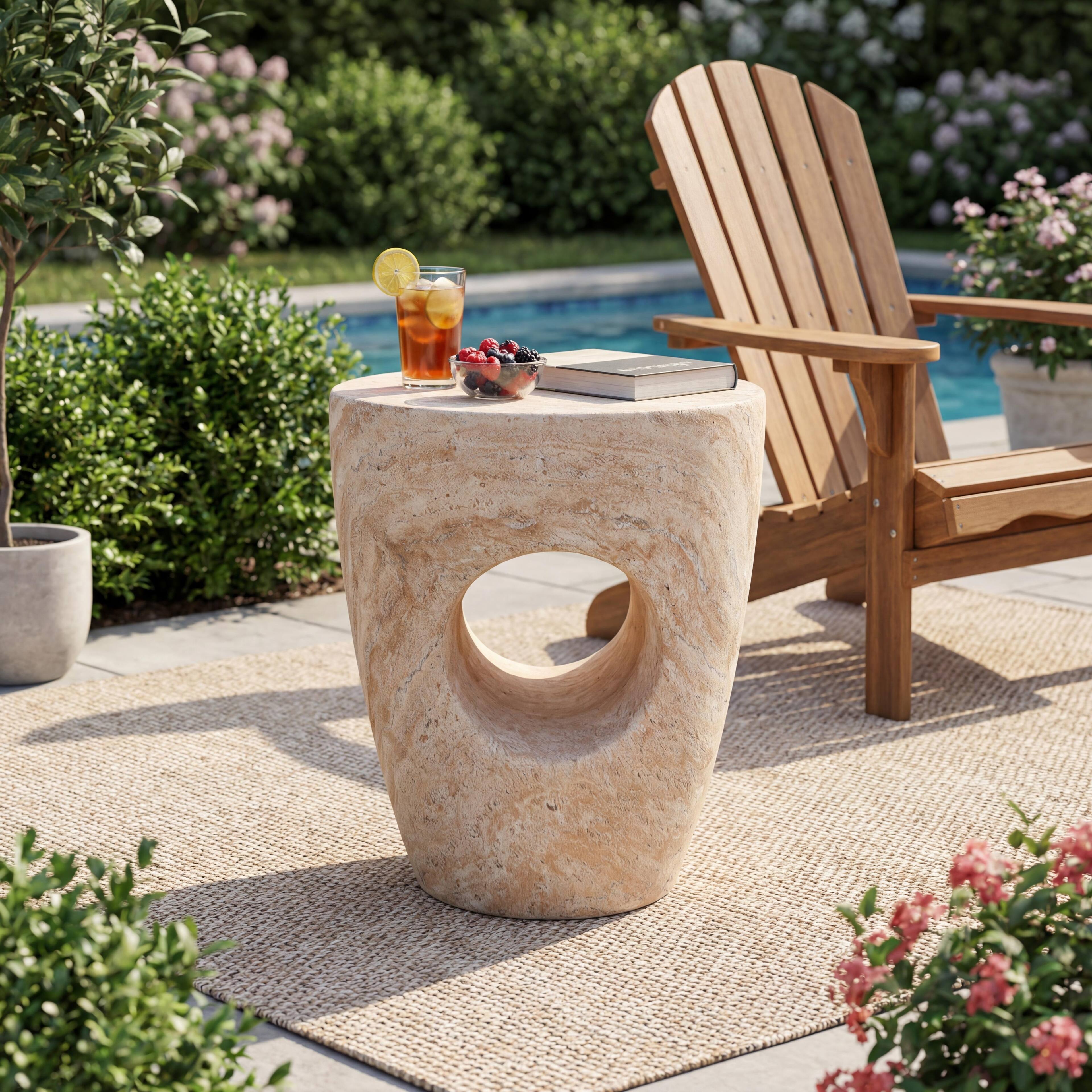 Angle. Bestier - 14.5" Modern Sculptural Concrete Side Table with Geometric Hollow Design & Stone Texture - Beige - Beige.