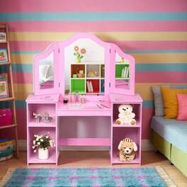 Kadyn - Kids Tri Folding Mirror Makeup Dressing Vanity Table Set- Kids Makeup Vanity for Girls Kids - Pink
