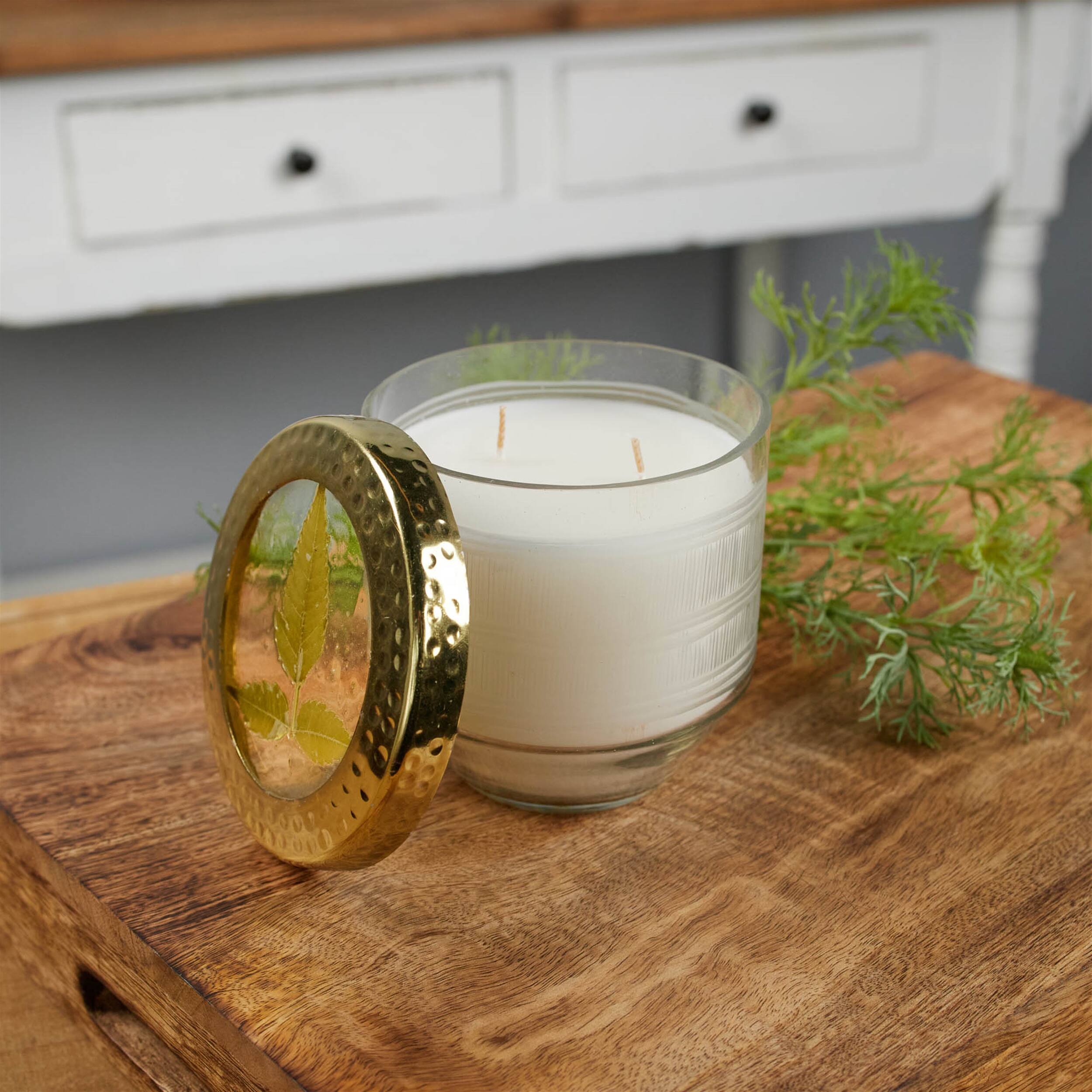 Angle. BreeBe - Whit Currant Scented Soy Candle with Pressed Floral Lid 4.25"D - White, Gold.