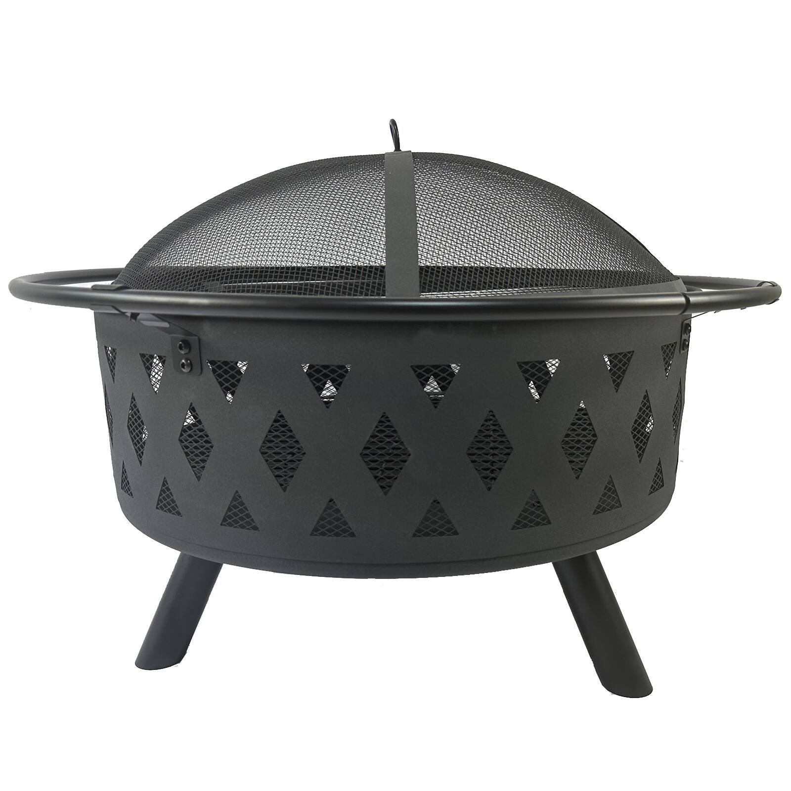 Back. APRILSOUL - Round Fire Pit with Net Cover Fire Poker Diamond Mesh Metal Wood Burning Outdoor - Black.