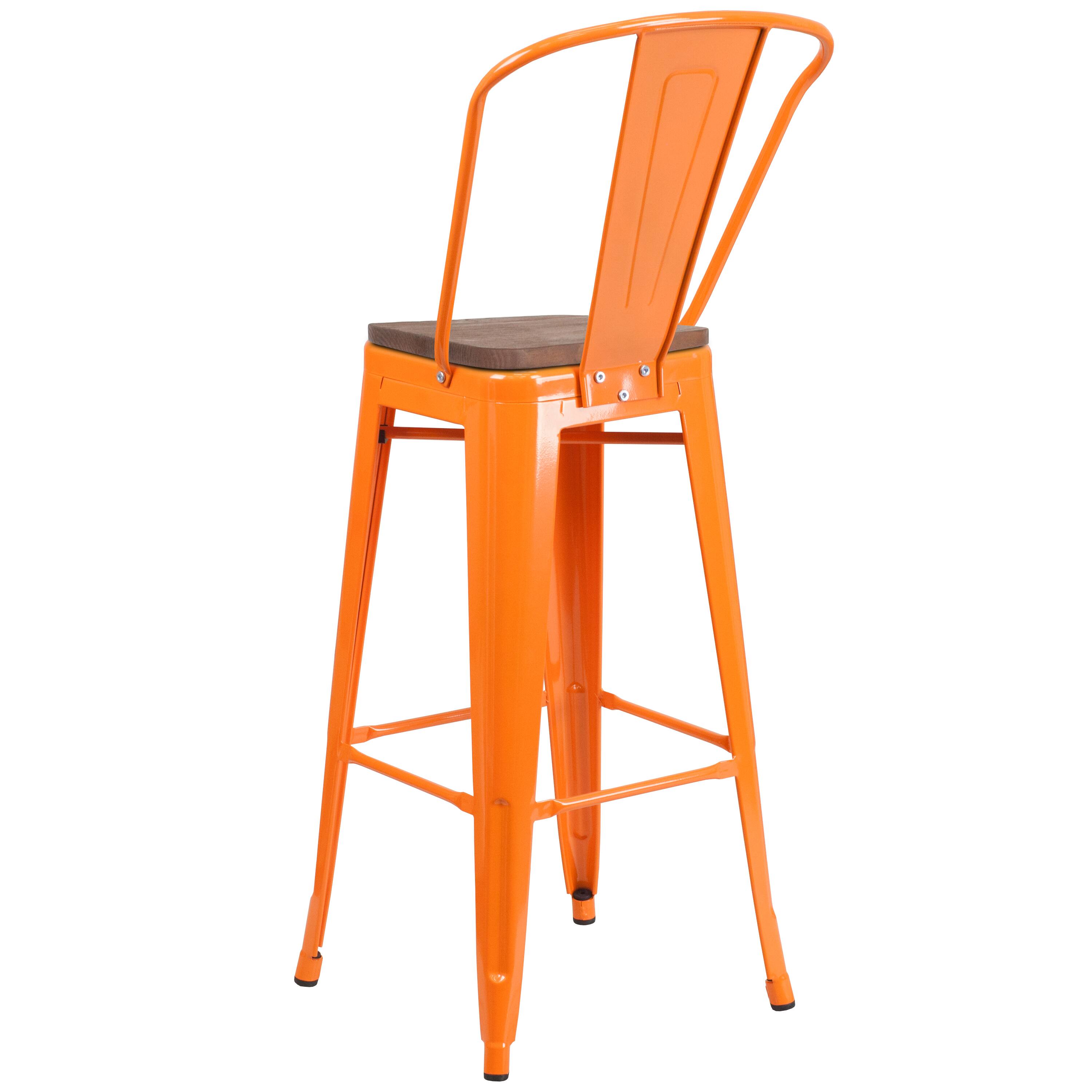 Alt View 3. Emma + Oliver - 30"H Metal Dining Barstool with Back and Square Wood Seat - Orange.