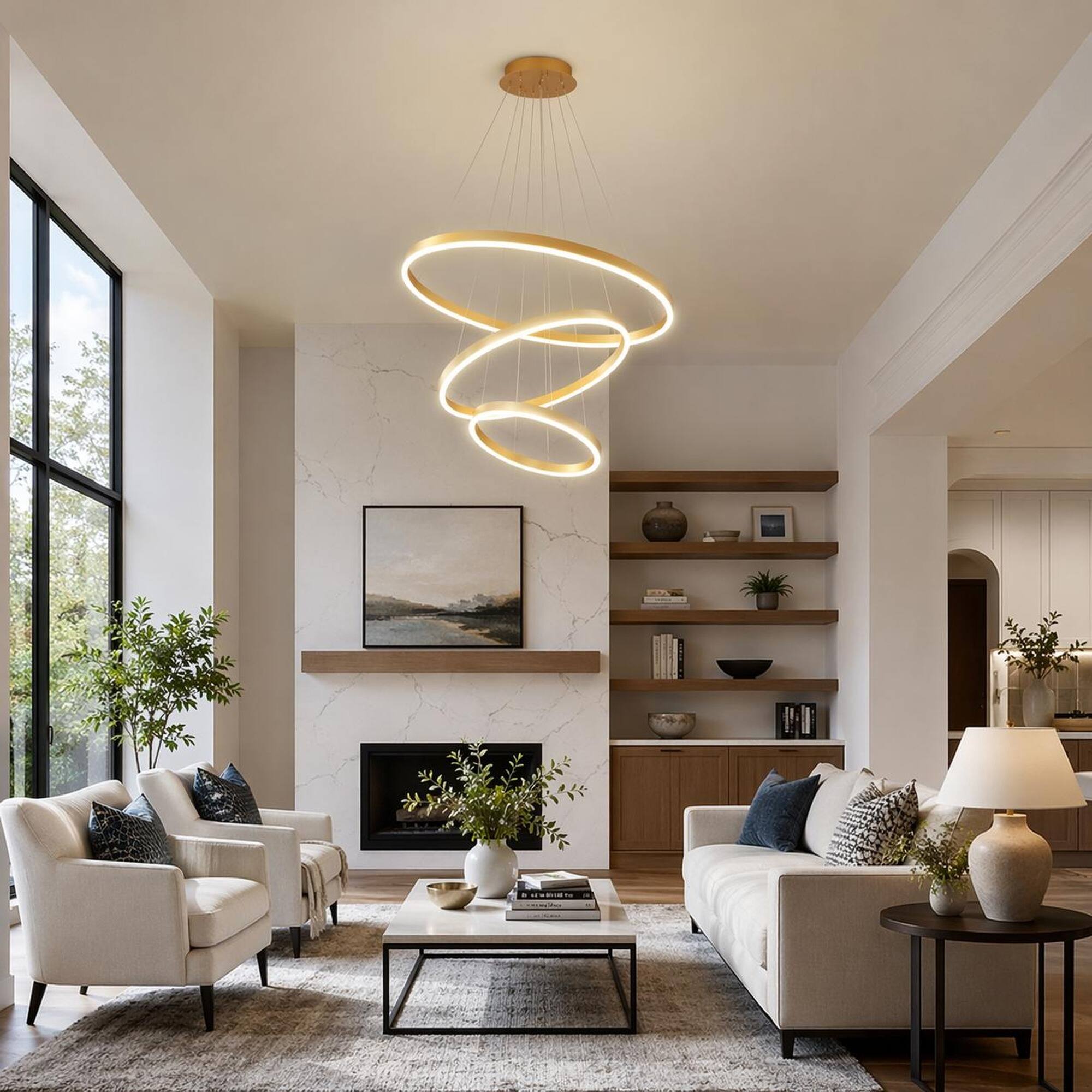 Angle. RYHNUYNE - Modern Gold LED Chandelier with Three Interlocking Rings, Dimmable Remote Control, Adjustable Height Pendant Light.