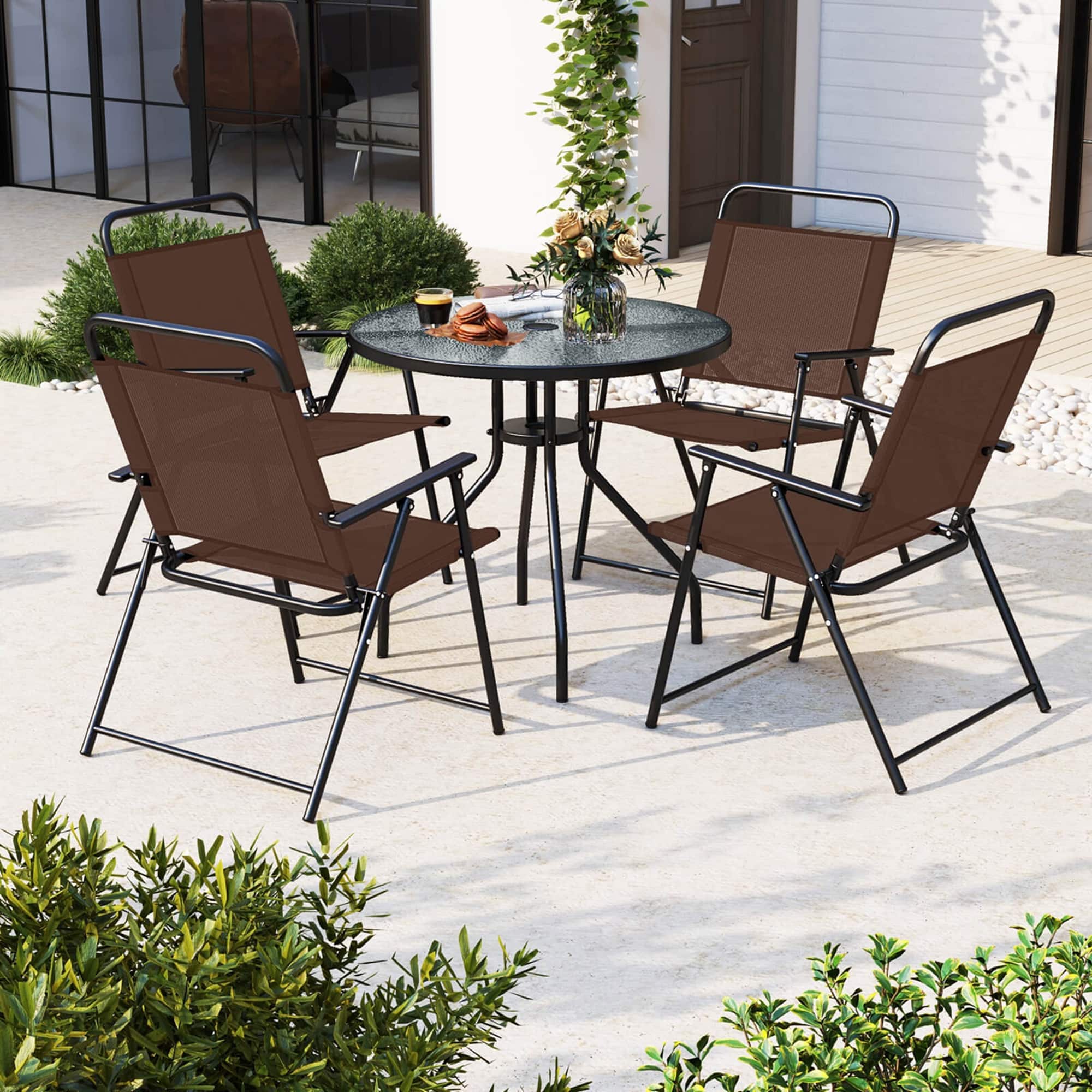 Alt View 1. Costway - 6 PCS Patio Dining Set Folding Chairs Glass Table Tilt Umbrella Garden - Brown+ Black.
