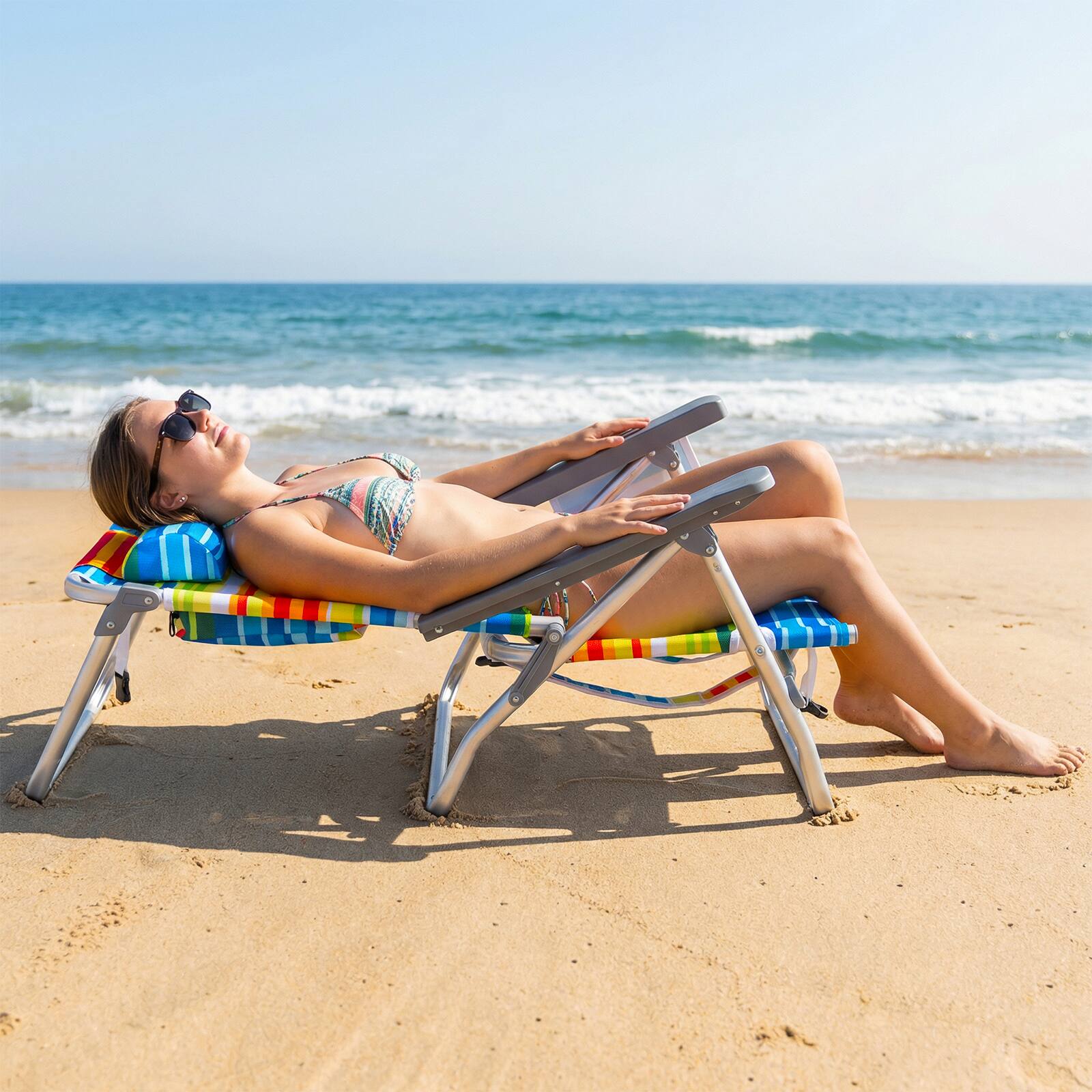 Alt View 3. Costway - Costway 2PCS Beach Chairs with 5-Position Backrest & Padded Headrest, Cup Holder & Ice Bag - Rainbow Strip.