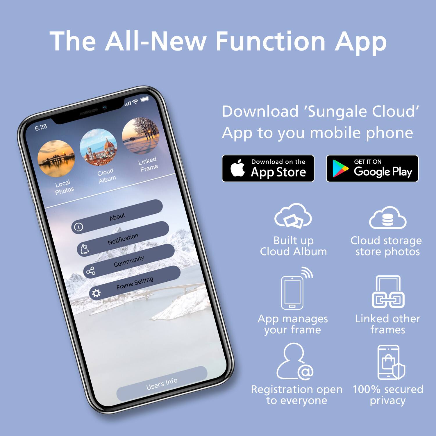 The All-New Function App

Download 'Sungale Cloud' App to your mobile phone

- Download on the App Store
- GET IT ON Google Play

Features:
- Local Photos
- Cloud Album
- Linked Frame
- About
- Notification
- Community
- Frame Setting
- User's Info

- Built up Cloud Album
- Cloud storage store photos
- App manages your frame
- Linked other frames
- Registration open to everyone
- 100% secured privacy