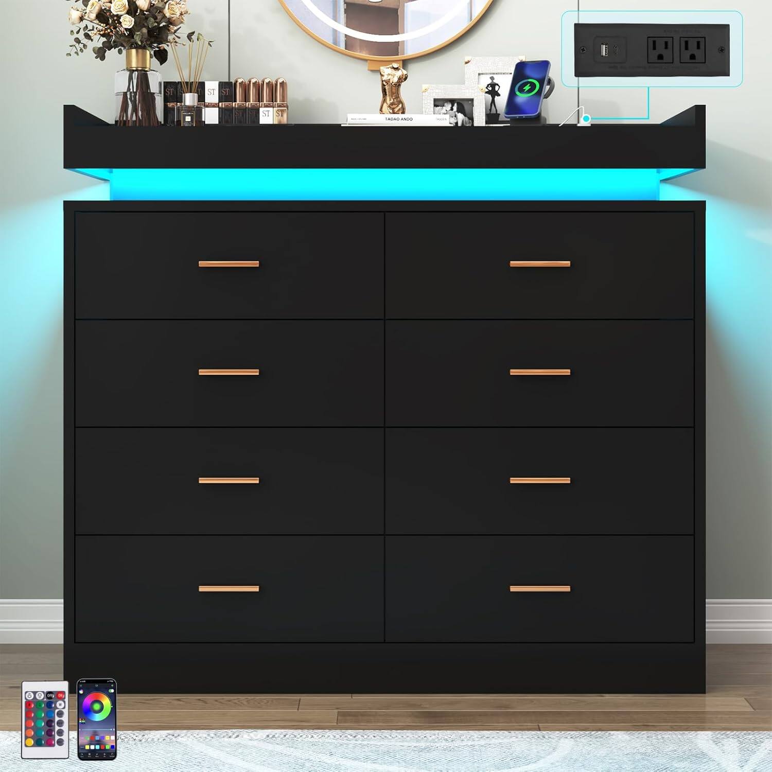Left. Espafurni - 8 - Drawer Dresser with LED Light & Charging Station - Modern Chest for Bedroom, Living Room, Entryway & Hallway - Black.