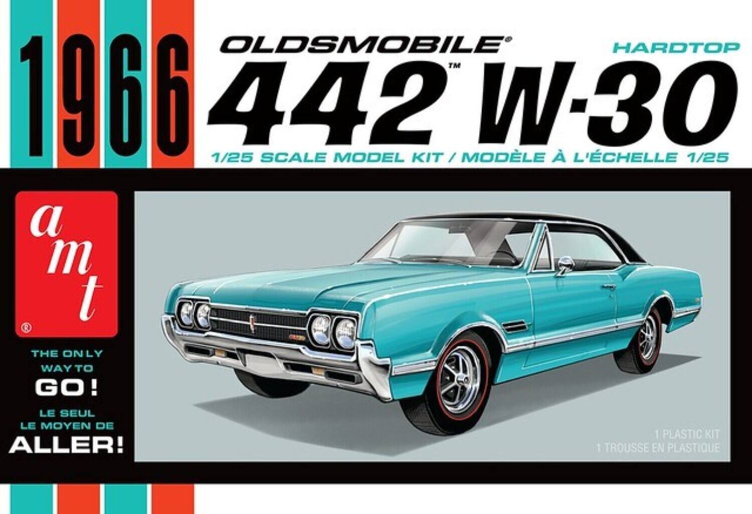 OLDSMOBILE HARDTOP  
1966  
442™ W-30  
1/25 SCALE MODEL KIT / MODÈLE À L'ÉCHELLE 1/25  

a m t  
THE ONLY WAY TO GO!  
LE SEUL LE MOYEN DE ALLER!  

1 PLASTIC KIT  
1 TROUSSE EN PLASTIQUE