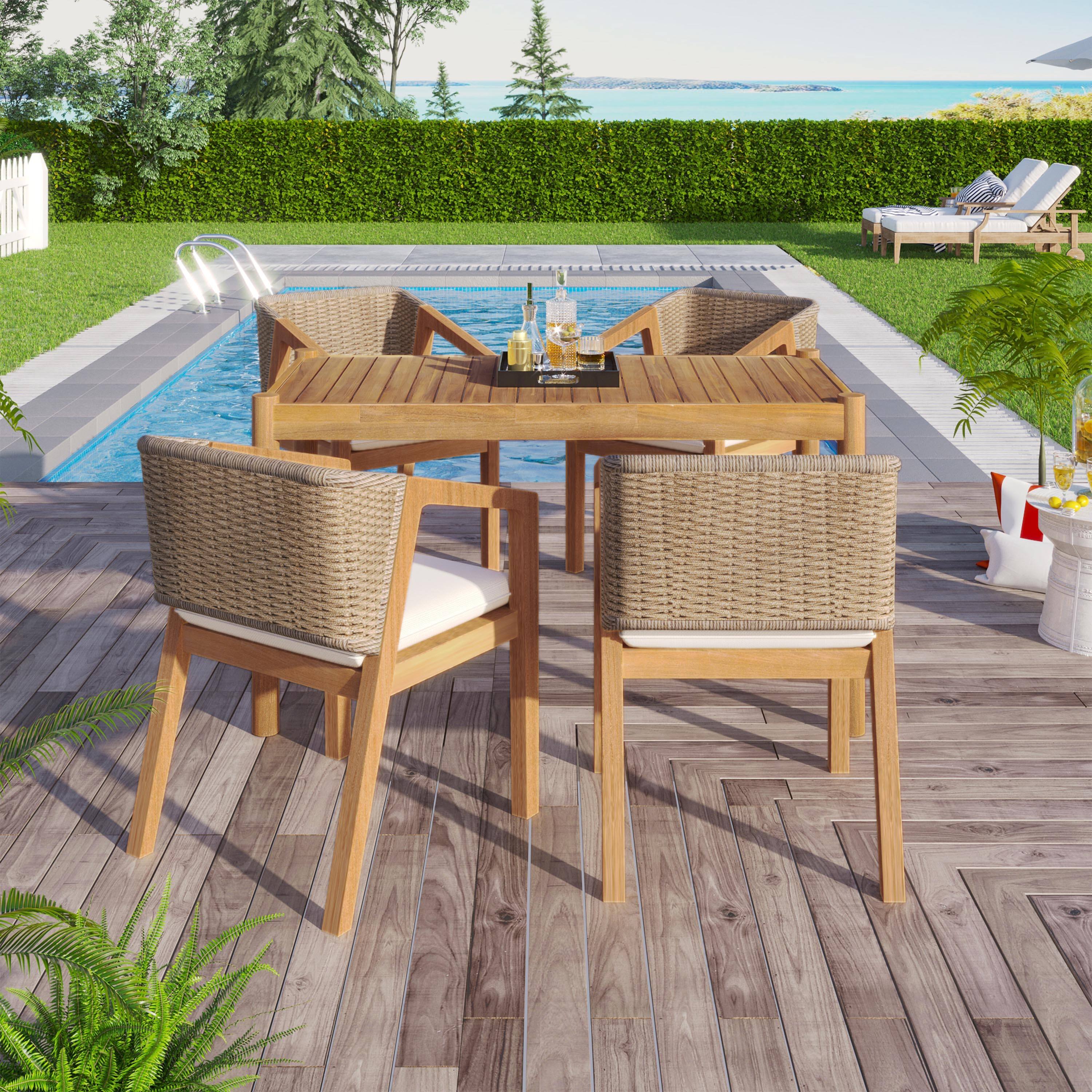 Back. Whisen - 5-Piece Outdoor Acacia Wood Dining Set - 1 Table and 4 Cushioned Chairs - Light Teak|Beige.
