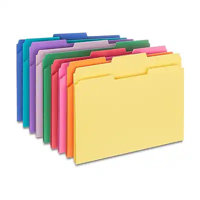 Front. Staples - File Folders, 1/3-Cut Tab, Letter Size, Assorted, 250/Box - Assorted Colors.