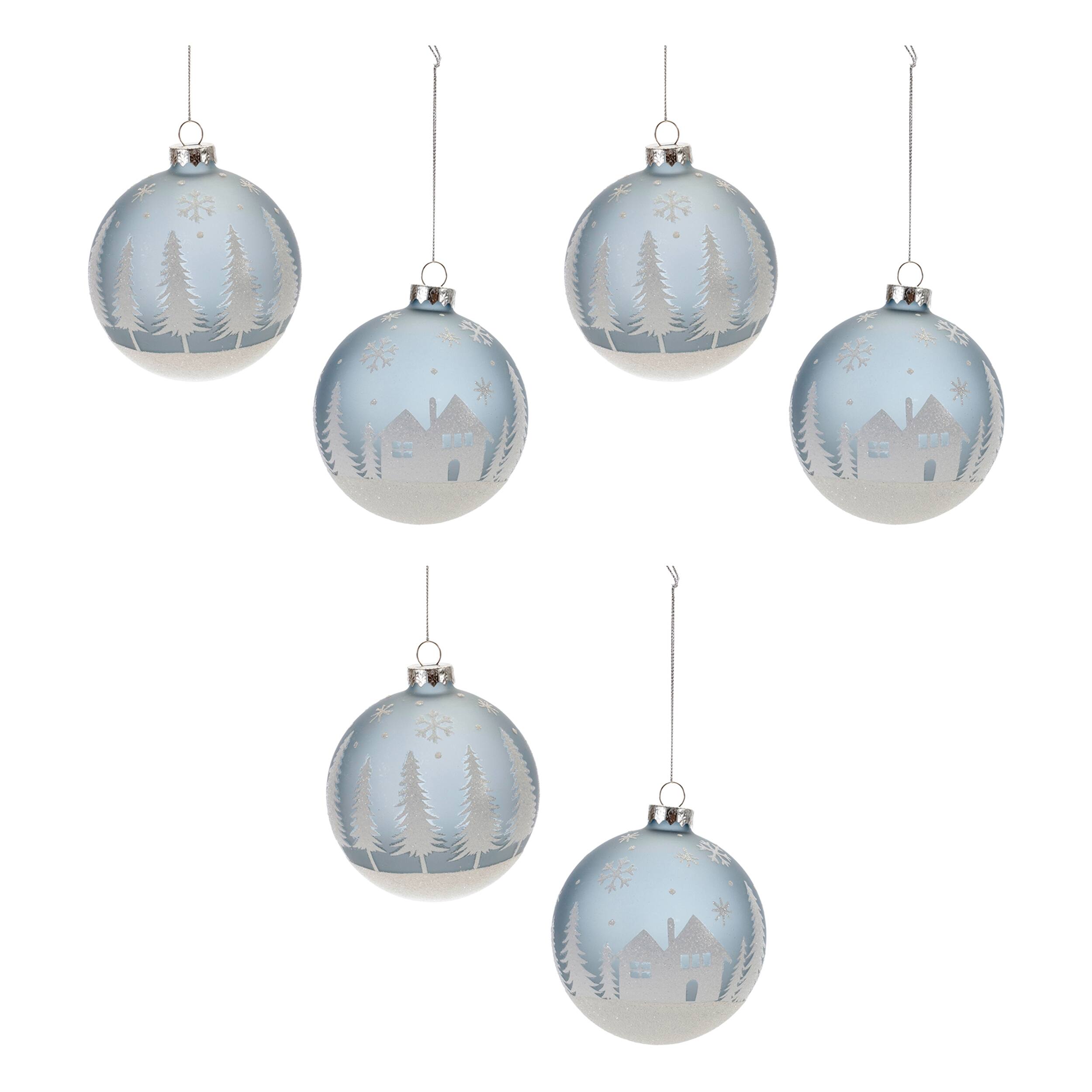 Alt View 2. BreeBe - Frosted Forest and Village Ball Ornament (Set of 6) - Blue, White.