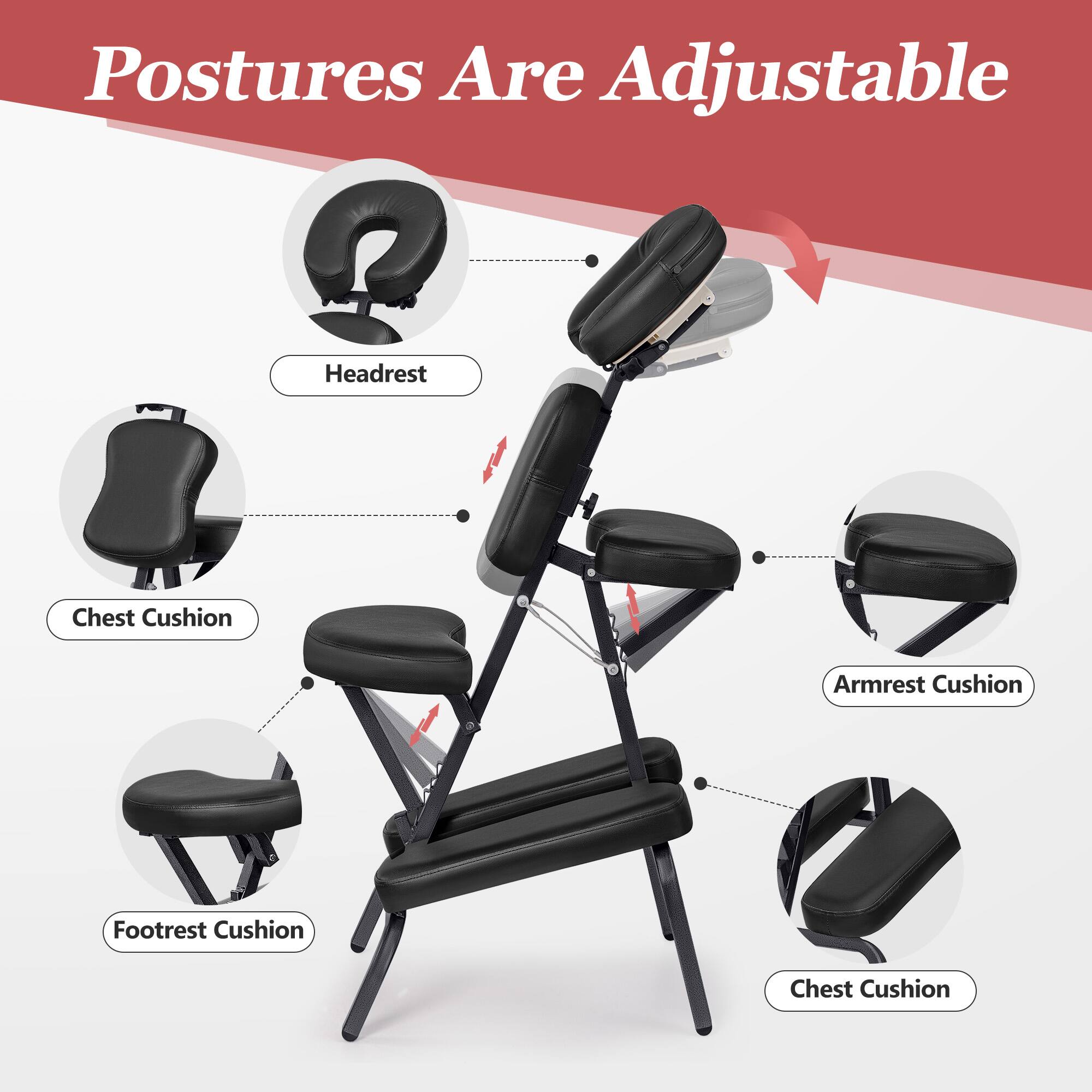 Postures Are Adjustable, Headrest, Chest Cushion, Armrest Cushion, Footrest Cushion, Chest Cushion