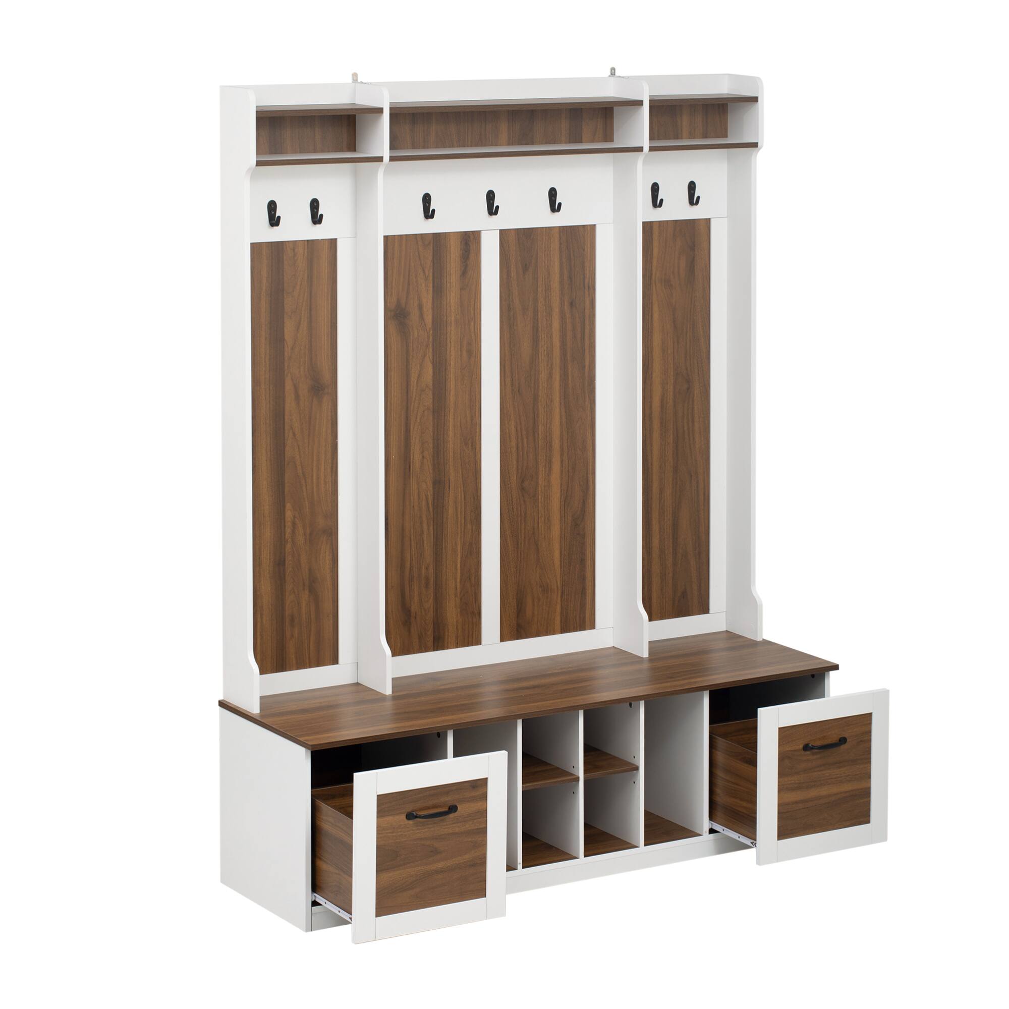 Alt View 8. GOODSILO - 5-in-1 Entryway Storage Bench with Coat Hooks, 2 Drawers and Adjustable Shelves for Hallway Organization and Living Room - Brown+White.