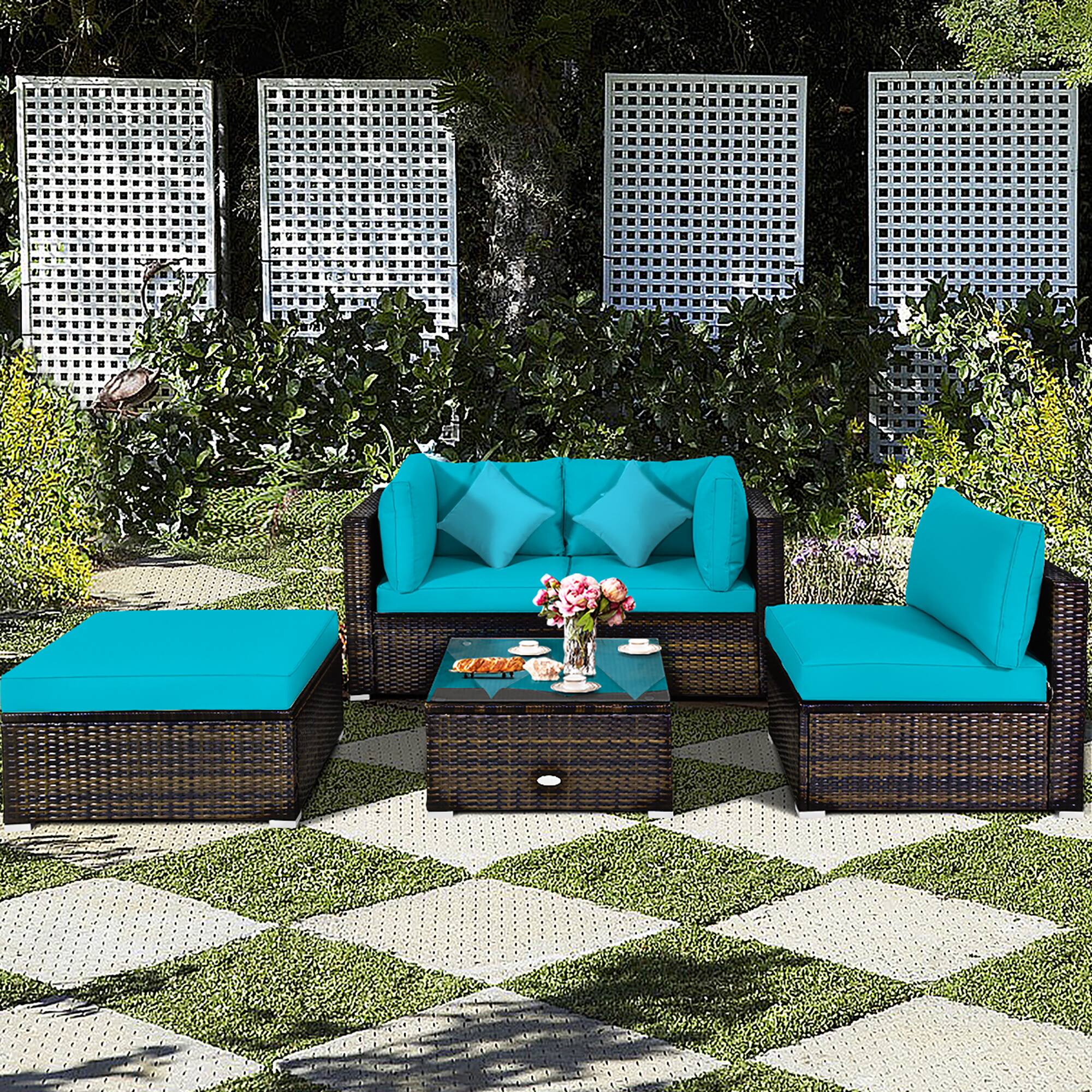 Alt View 2. Costway - Costway 5PCS Outdoor Patio Rattan Furniture Set Sectional Conversation Cushion - Turquoise.