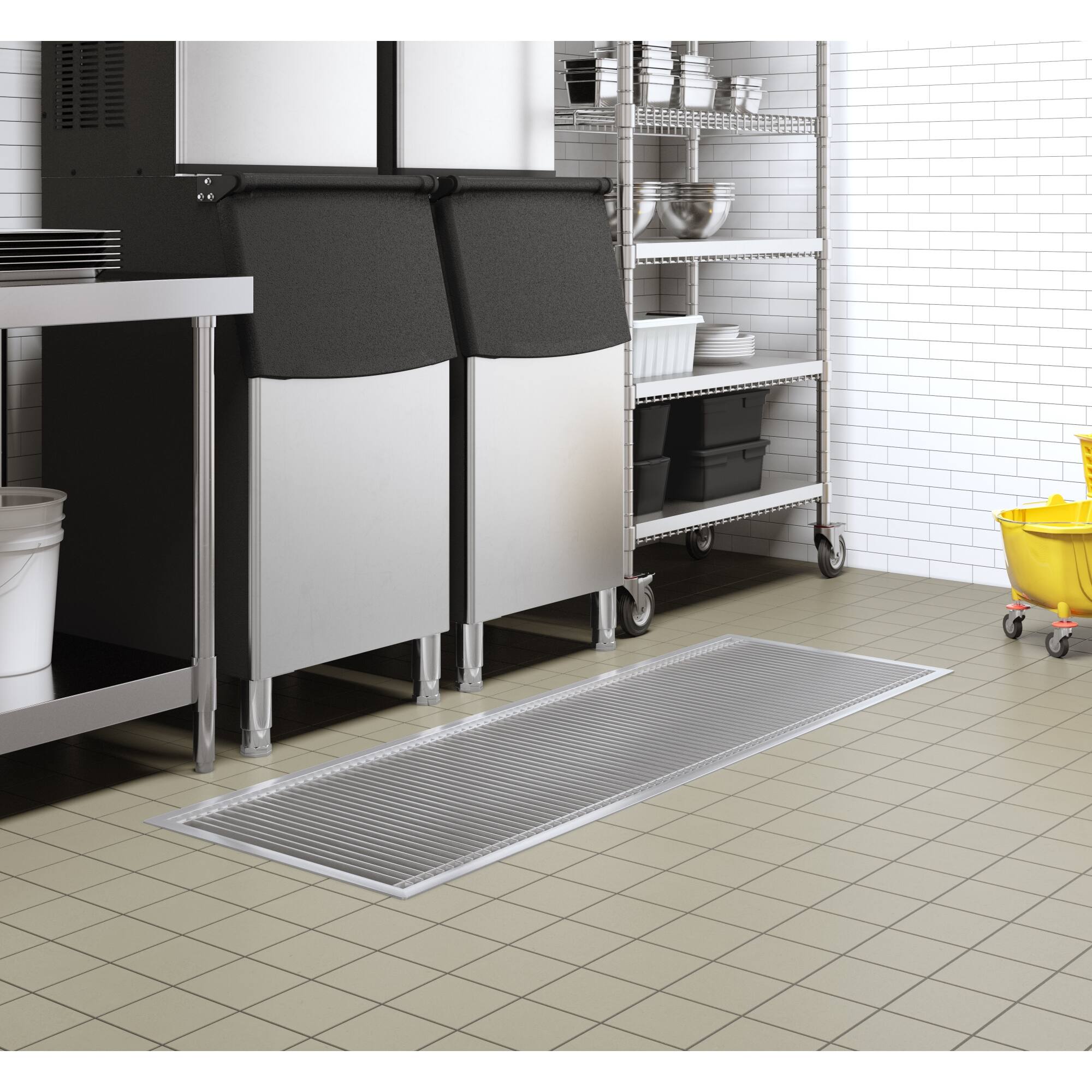 Left. Koolmore - 24" x 72" Stainless Steel Floor Trough Drain, 14-Gauge with Subway-Style Grating & Removable Drain Basket, NSF Listed - Stainless-Steel.