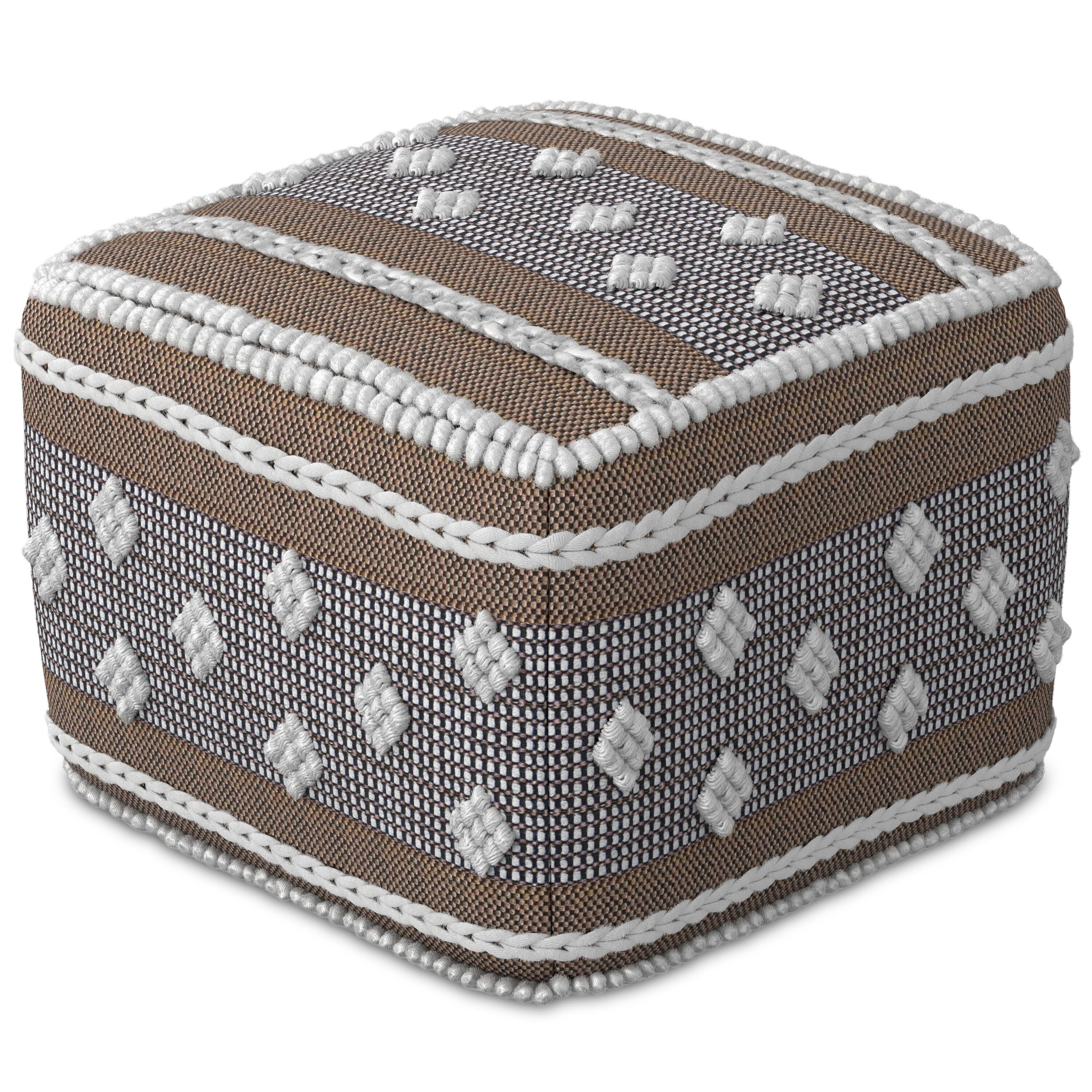 Front. Simpli Home - Mapleton Boho Square Pouf in White, Beige, Grey Polystyrene Filling - White, Beige, Grey.