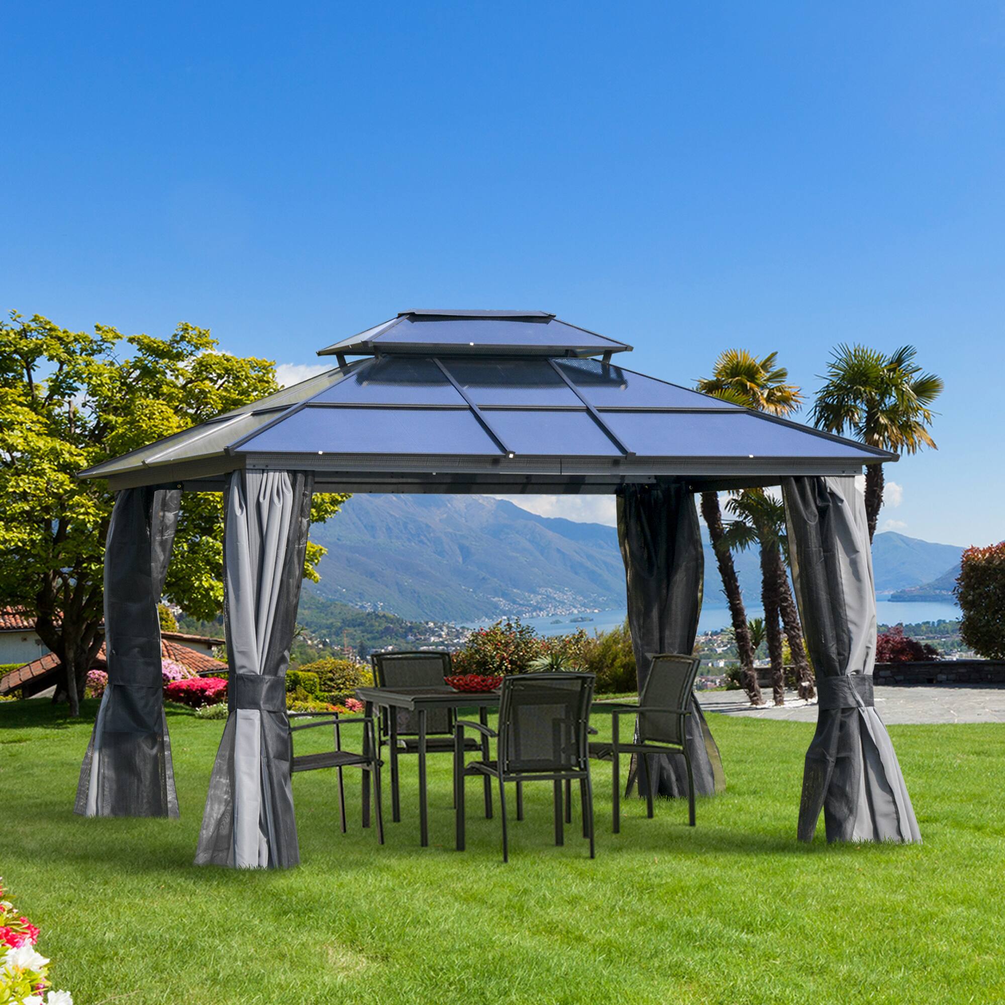 Alt View 1. Outsunny - x 12' Hardtop Gazebo Canopy with Polycarbonate Roof, Aluminum Frame - Dark Grey/Charcoal grey.