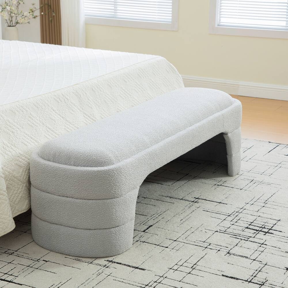 Back. Ropilly - Ropilly 65 Inch Modern Boucle Bedroom Bench Tufted Entryway Ottoman Foot Stool Light Gray - Light Gray.
