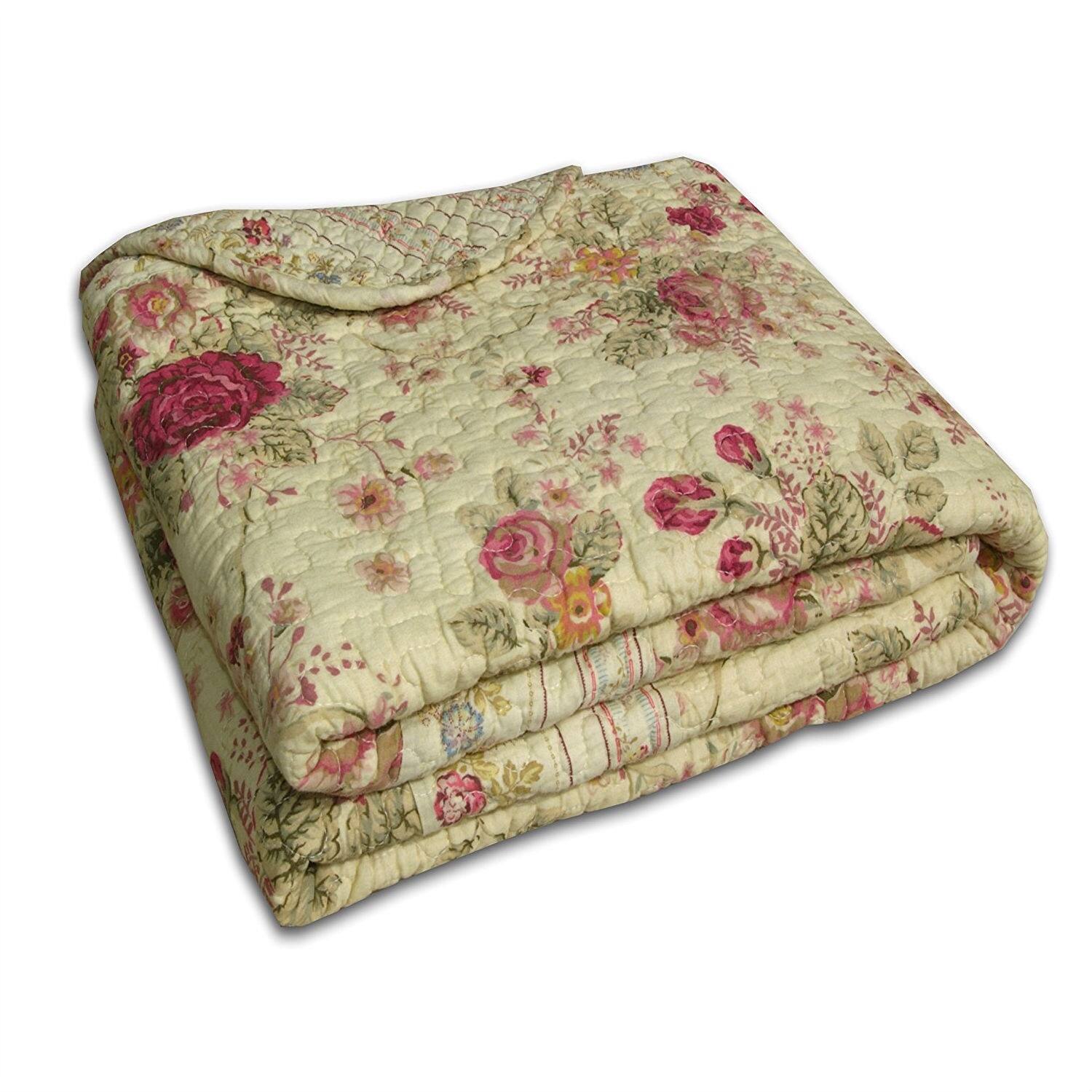 Angle. Hivvago - Red Pink Gold Ecru Floral Roses Quilt Throw Blanket in 100% Cotton - Red, Pink, Gold.