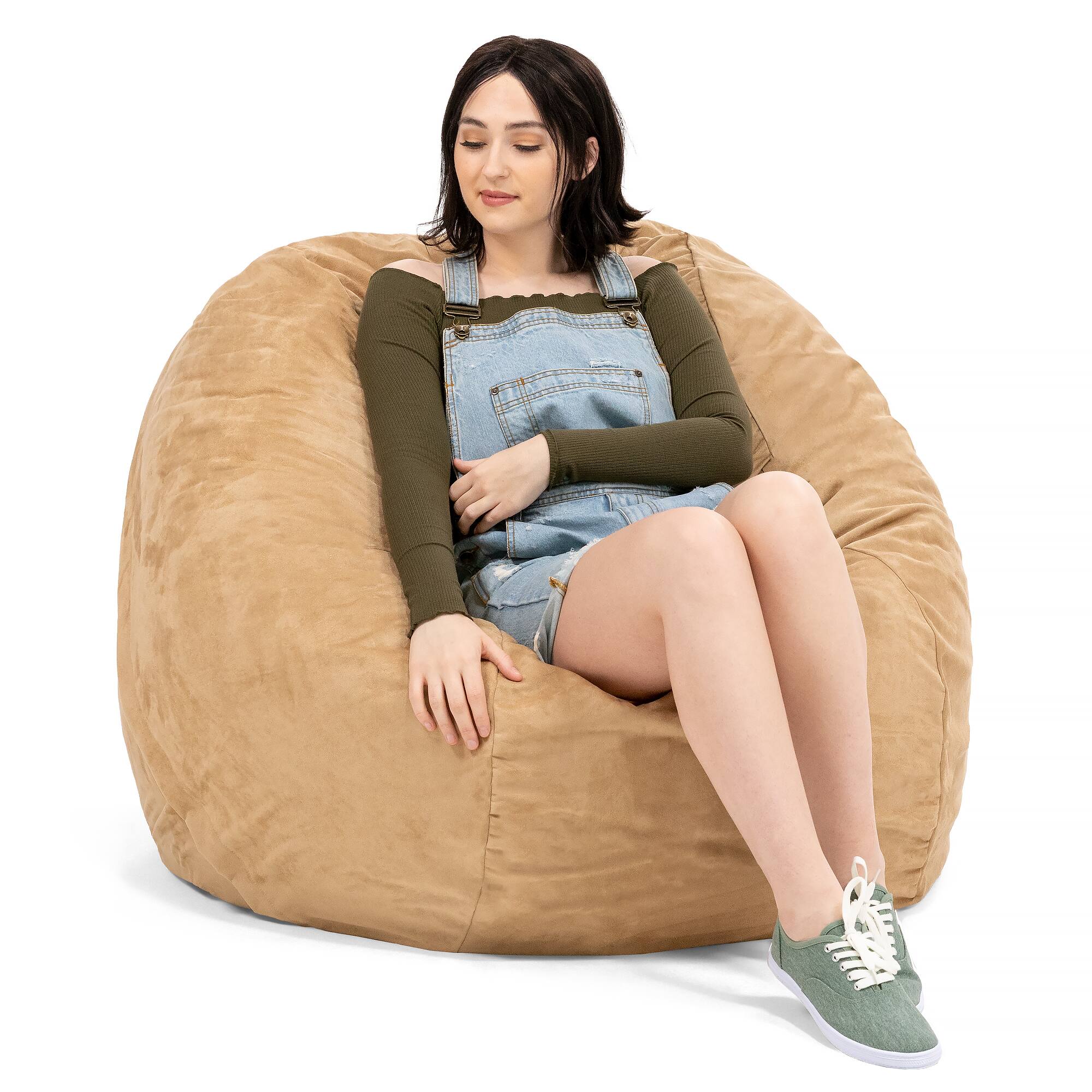 Left. Jaxx - Jaxx 4 ft Round Bean Bag Chair for Adults, Camel - Camel.