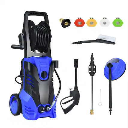 Front. Ecooso - 3000 PSI 2.0 GPM Electric Pressure Washer with Hose Reel, Multi-Nozzle Set for Deck, Fence & Concrete - Blue.
