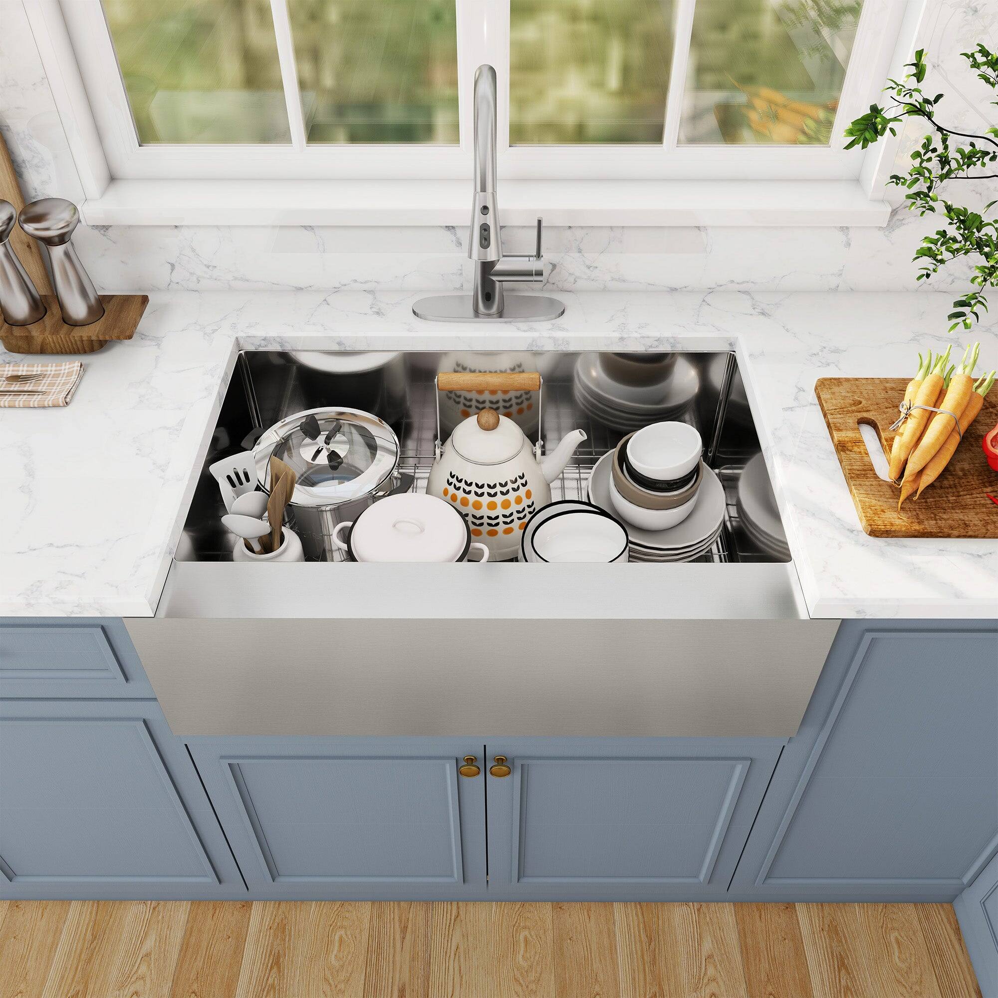 Alt View 3. Boyel Living - 33 in. Farmhouse Apron-Front Single Bowl 18-Gauge Silver Stainless Steel Kitchen Sink with Bottom Grid, Strainer Basket - Silver.