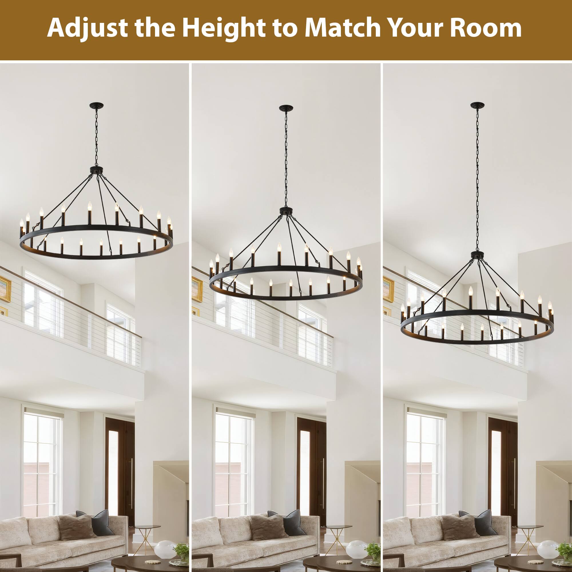 Alt View 2. RYHNUYNE - 53 Inch Large Black Farmhouse Wagon Wheel Chandelier 20-Light Industrial Rustic Pendant Light Fixture for High Ceiling - Black.