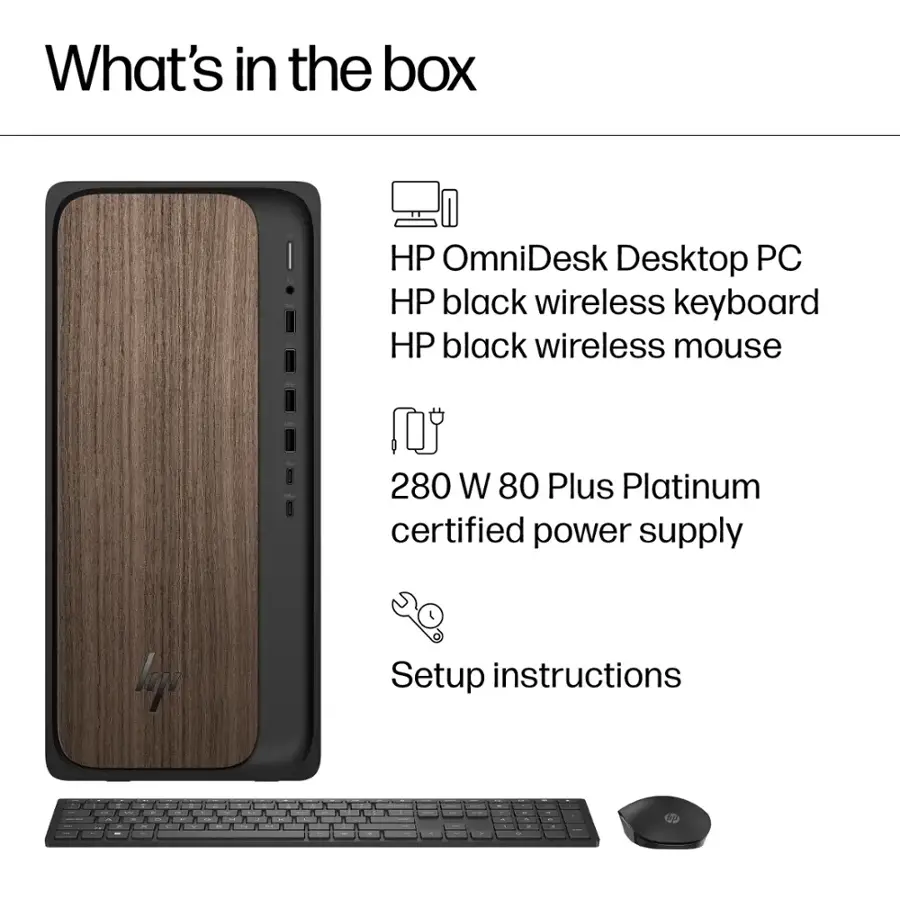 What's in the box: HP OmniDesk Desktop PC, HP black wireless keyboard, HP black wireless mouse, 280 W 80 Plus Platinum certified power supply, Setup instructions.
