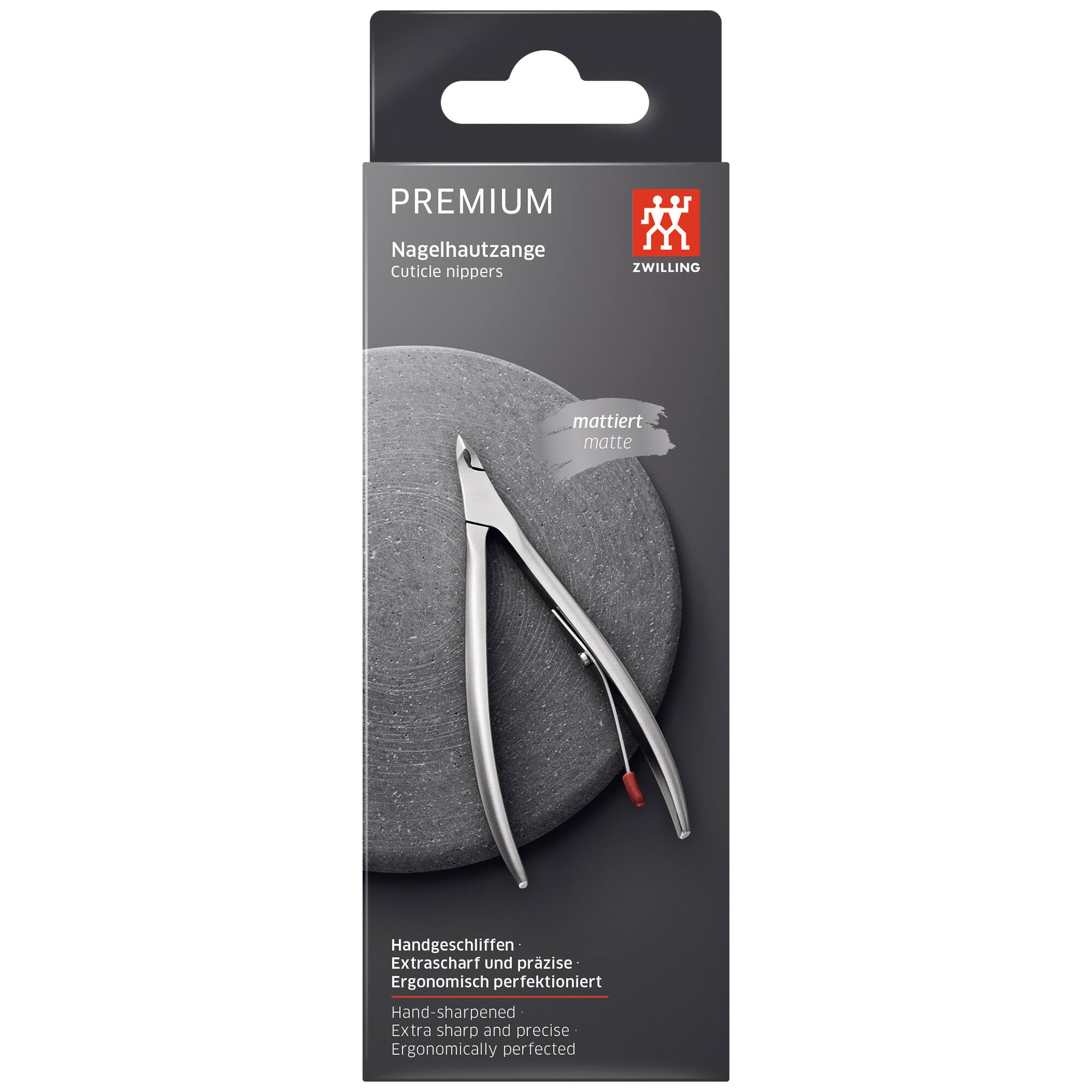 PREMIUM Nagelhautzange Cuticle nippers  
ZWILLING  
mattiert matte  
Handgeschliffen  
Extrascharf und präzise  
Ergonomisch perfektioniert  
Hand-sharpened  
Extra sharp and precise  
Ergonomically perfected