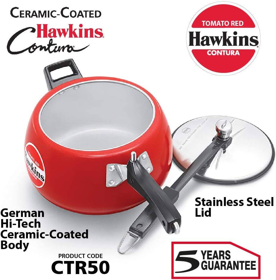 CERAMIC-COATED Hawkins Contura  
TOMATO RED Hawkins, CONTURA  
German Hi-Tech Ceramic-Coated Body  
PRODUCT CODE CTR50  
Stainless Steel Lid  
5 YEARS GUARANTEE