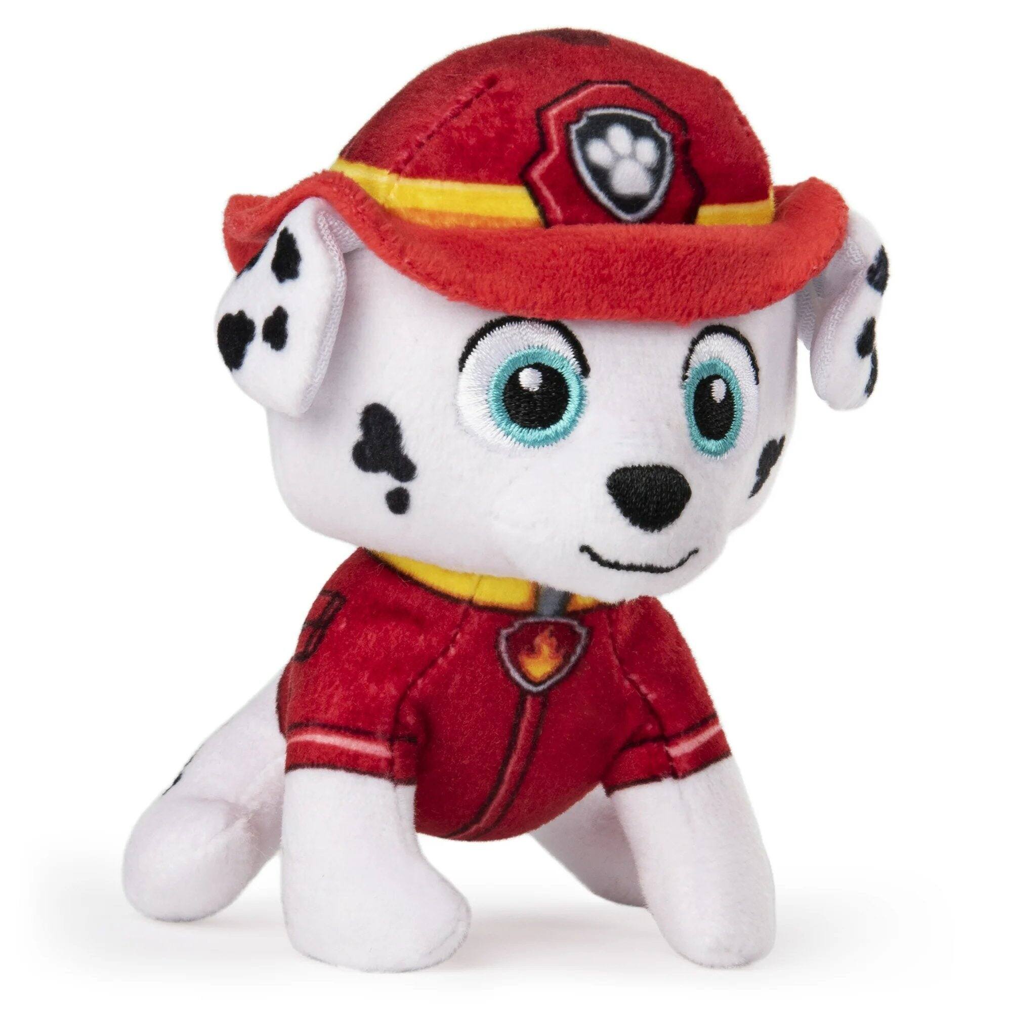 Angle. Paw Patrol - PAW Patrol Marshall Mini Plush, 5-Inch Firefighter Dog Toy with Helmet, Embroidered Details, Ages 3+ - Multicolour.
