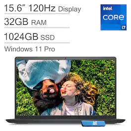 Dell - Inspiron 15 15.6" FHD 120Hz Laptop - Intel Core i7 with 32GB Memory - 1TB SSD - Windows 11 Pro - Jet Black